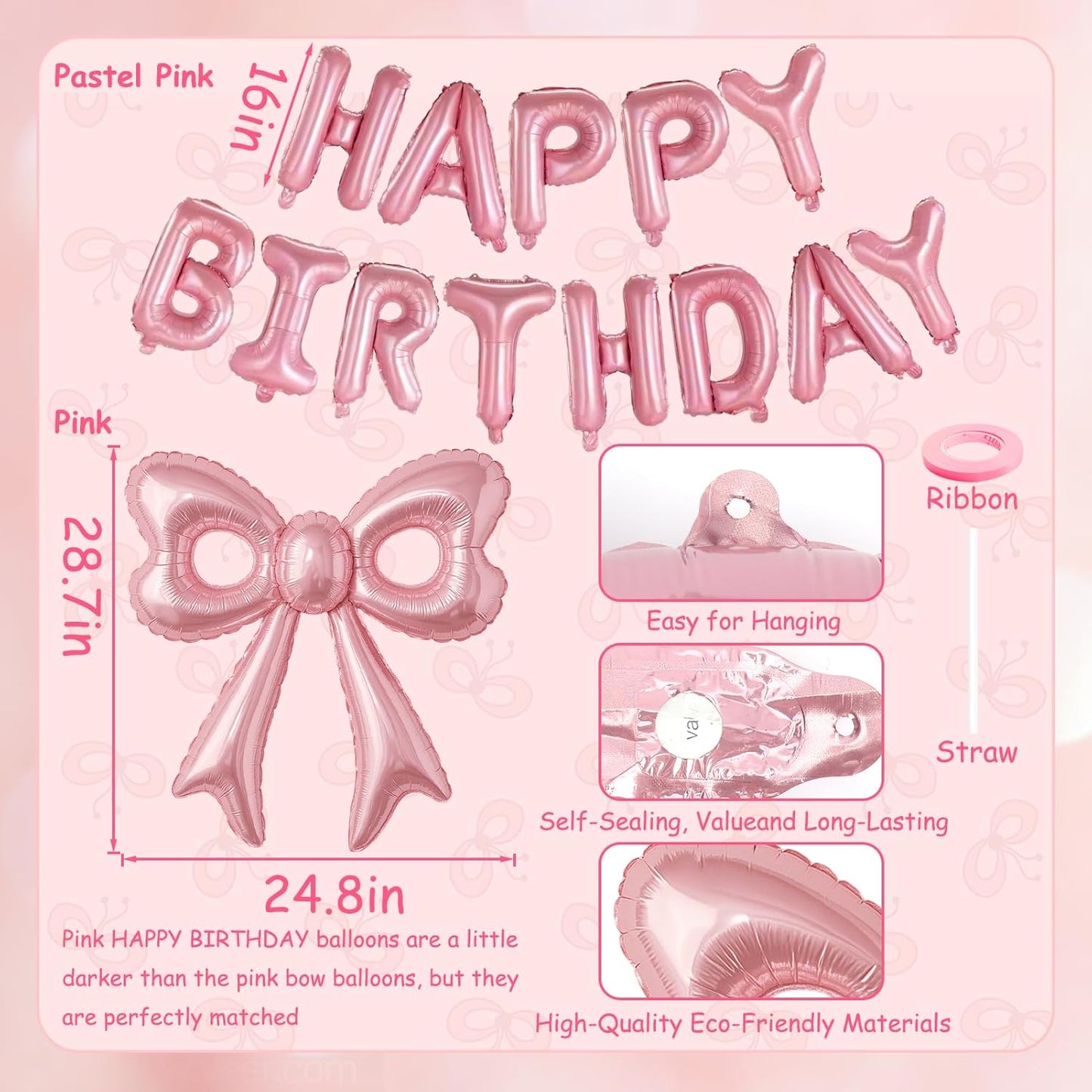 Pink Happy Birthday Balloons, 31”Huge Pink Bow Aluminum Foil Balloons for Girl Woman Birthday, Princess, Coquette Party Decorations Supplies