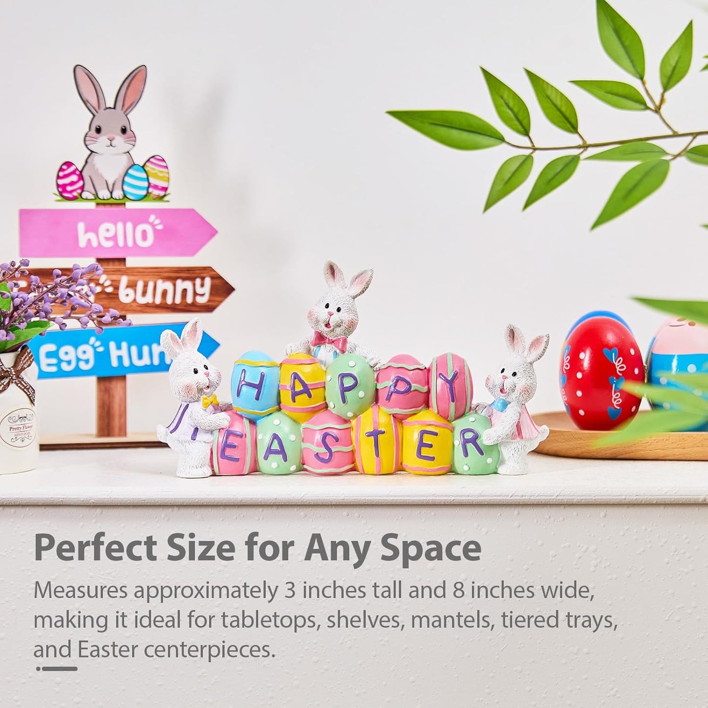 3 Bunny Holding Eggs and Happy Easter Decorations, Resin Easter Bunny 