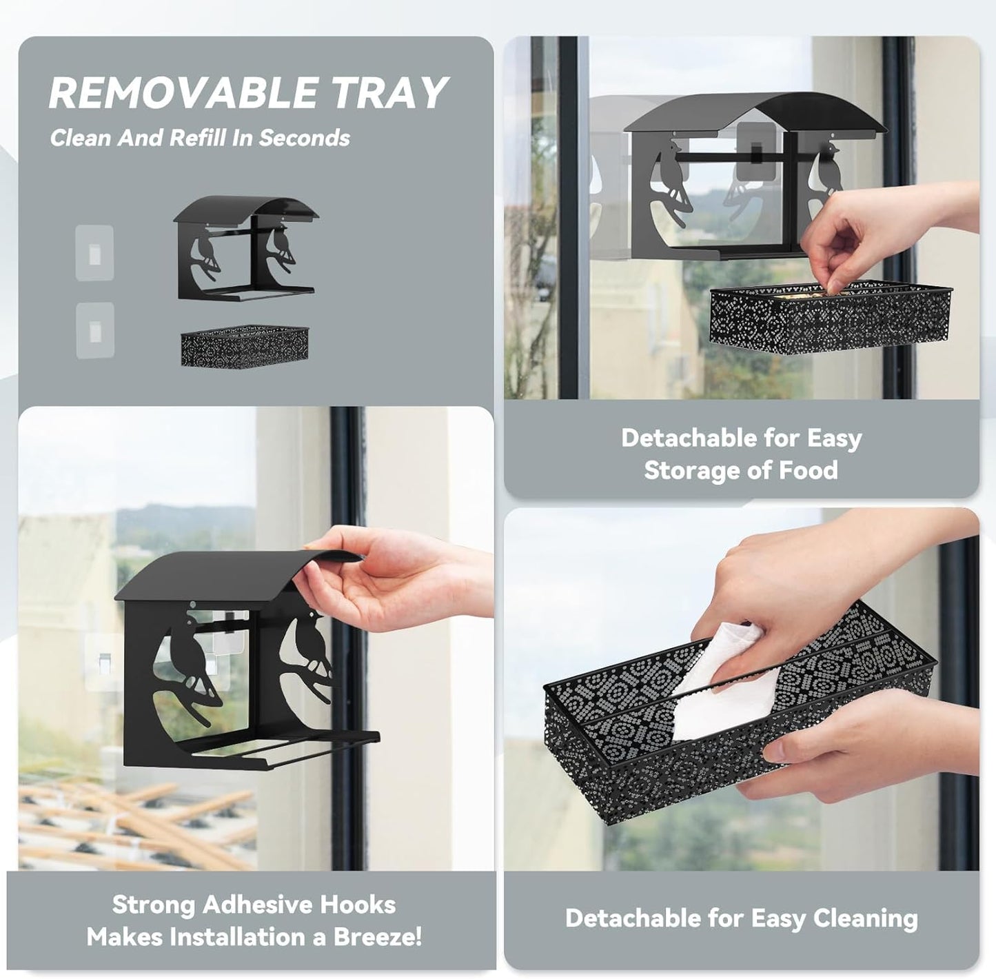 Window Bird Feeder with Heavy-Duty Adhesive Hooks for Outside,All-Season Metal Winter Bird Seed Feeder for Ultimate Window Viewing, 2-Pack (Black)