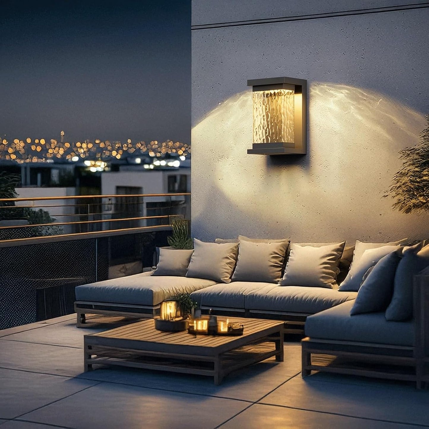 Solar Outdoor Wall Sconce, Modern Stainless Steel Lamp with Water Ripple Glass, Waterproof Dusk to Dawn LED Exterior Fixture for Porch Patio Garden Villa Entryway Terrace Cottage(Large)