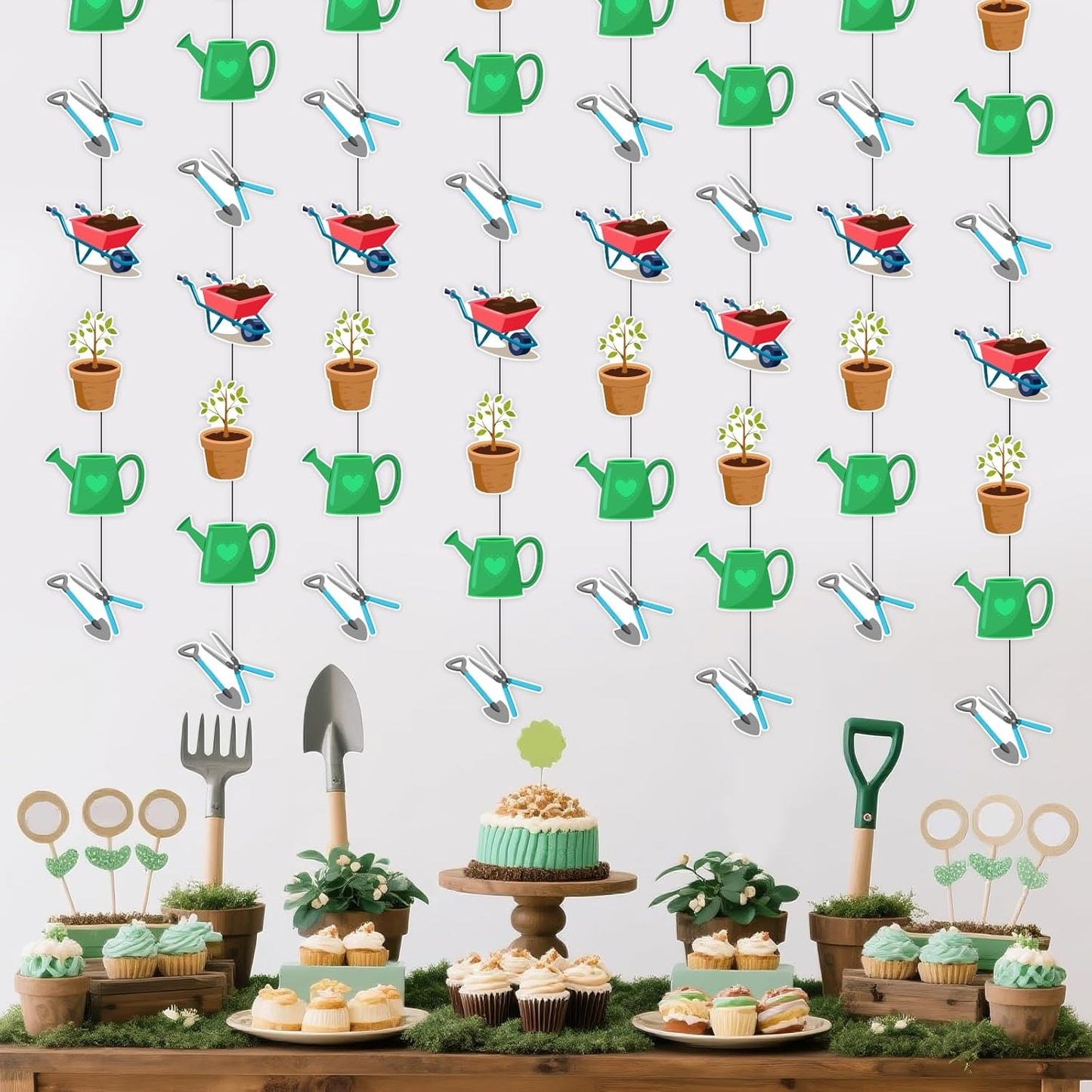 JOYMEMO 8 Pcs Garden Tools Themed Garland Streamers - Gardening Tool Birthday Decorations for Boys Girls Women Men, Hanging Ceiling Decor Party Supplies