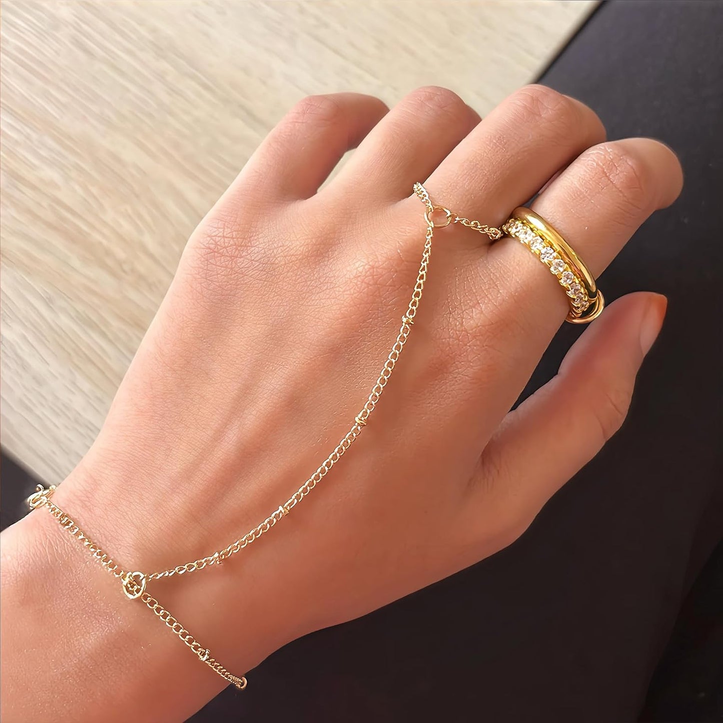 3PCS 14K Gold-Plated Hand Chain Bracelets for Women, Stack Bracelets S