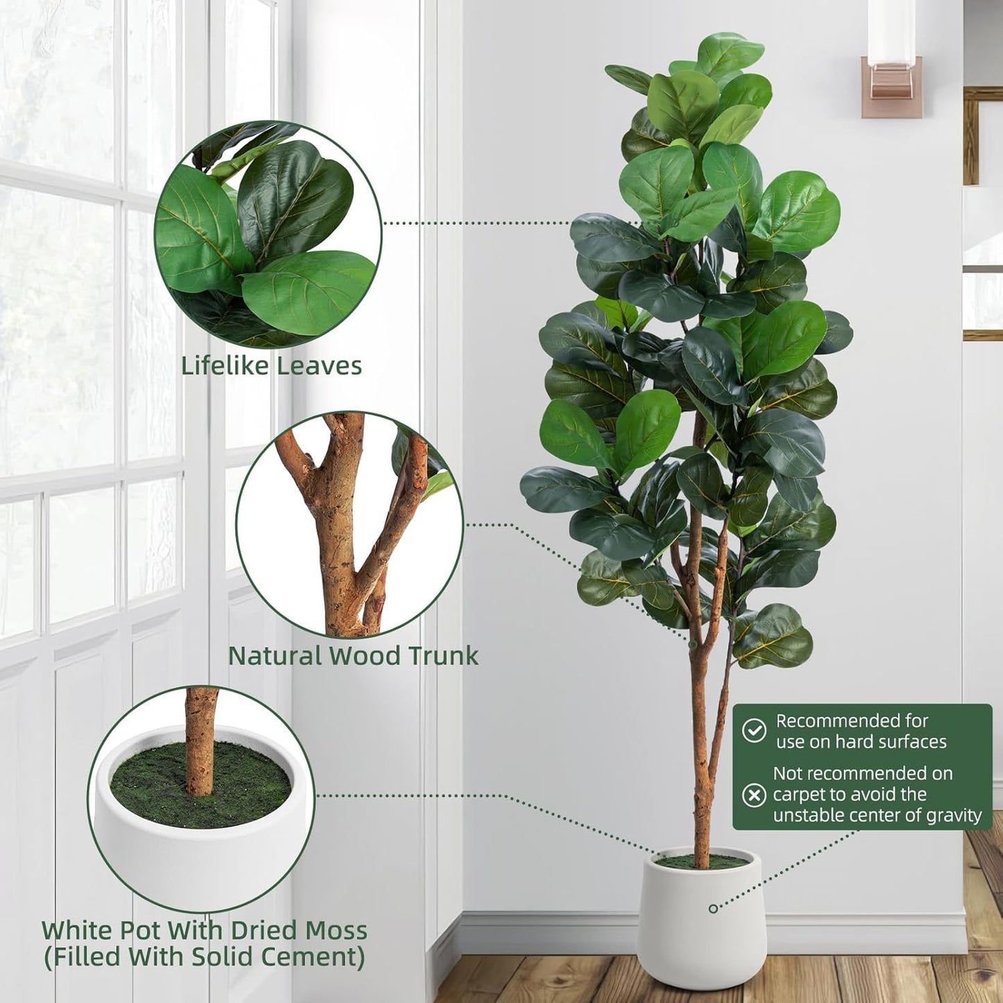 6ft Artificial Fiddle Leaf Fig Tree with LED Fairy Lights & White Planter - Lifelike Faux Ficus Lyrata Plant in Pot with Natural Trunk for Home Office Living Room Bathroom Corner Decor Indoor Outdoor