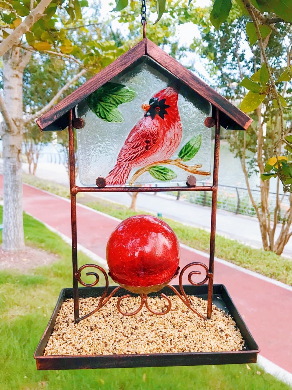 Bird Feeder for Outside Hanging,Outside Metal Wild Bird Feeders with Stained Glass for Garden Yard Outdoor Decoration,Gift Ideas for Bird Lovers (Red Cardinal)