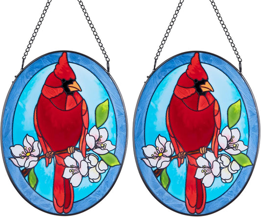 MUMTOP Stained Glass Window Hanging - 2 Pack Cardinal Suncatcher Hanging Ornaments Wall Art, Hand-Painted Glass Panel Home Decor for Grandma Gift Idea