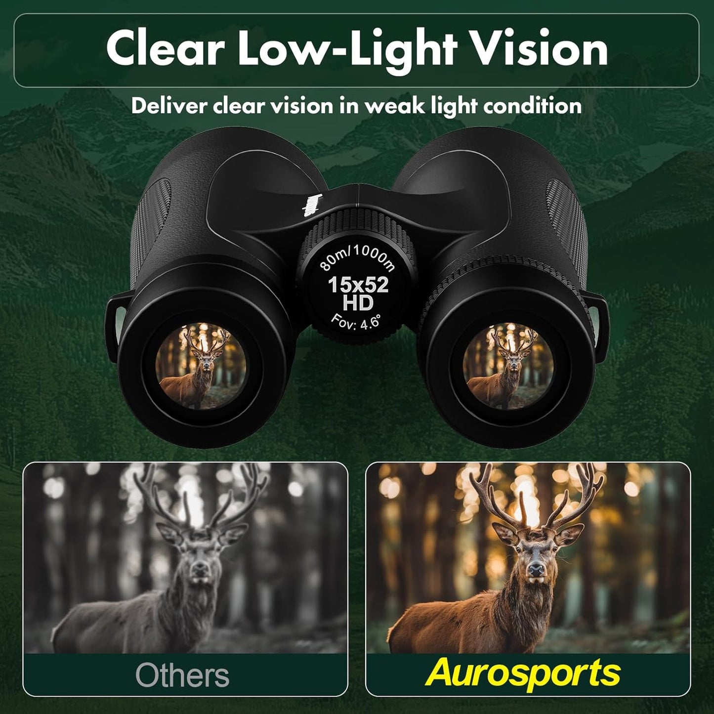 Aurosports 15x52 Waterproof Binoculars for Adults - Large View High Powered Binoculars with IPX7 Nitrogen-Filled - Low Light Vision Binocular for Bird Watching Hunting Cruise Hiking Sports Black