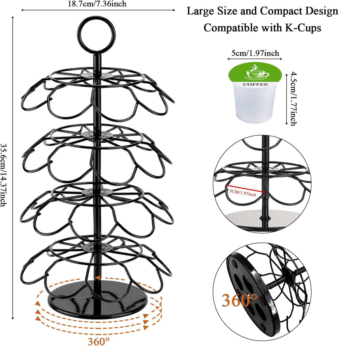 KIMIUP Coffee Pod Holder, K Cup Organizer Compatible with K-Cups(36 Pods), Kitchen Detachable Coffee Pod Organizer for Countertop, Spins 360-Degrees
