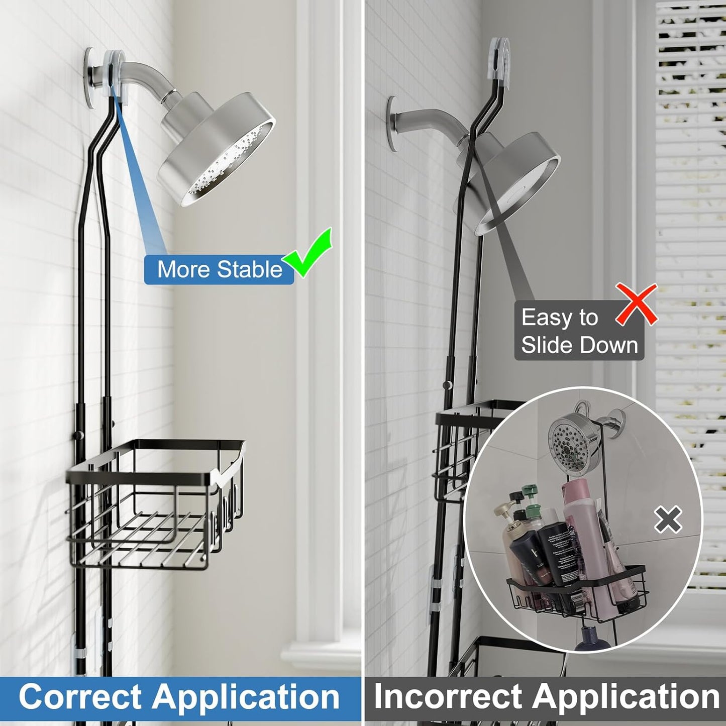 Upgraded Extended Length Shower Organizer with Hooks, Rustproof Shampo