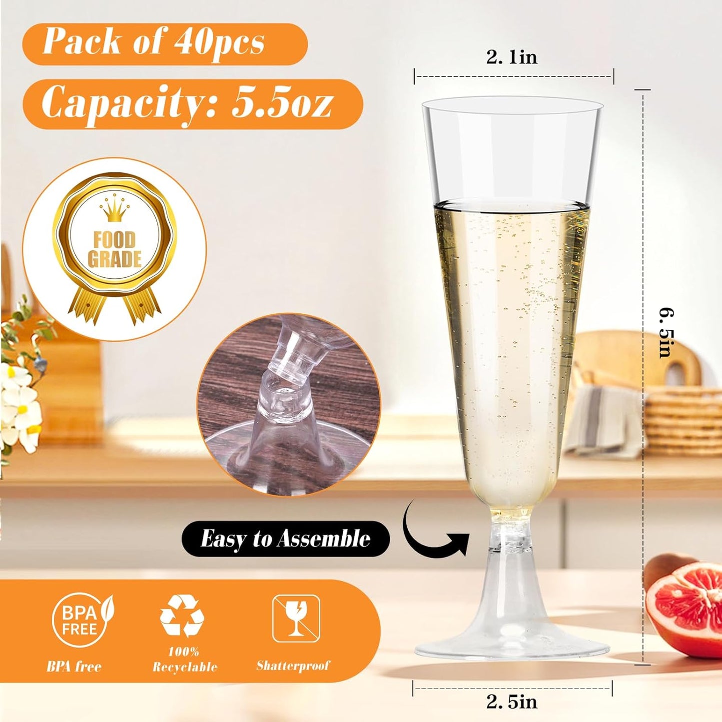 Plastic Champagne Flutes 40 Pack, 5.5 Oz Clear Disposable Plastic Champagne Glasses, Wine Glasses Cups for Wedding Celebration Birthday Party Valentines Wine Tasting New Years Eve Party Supplies