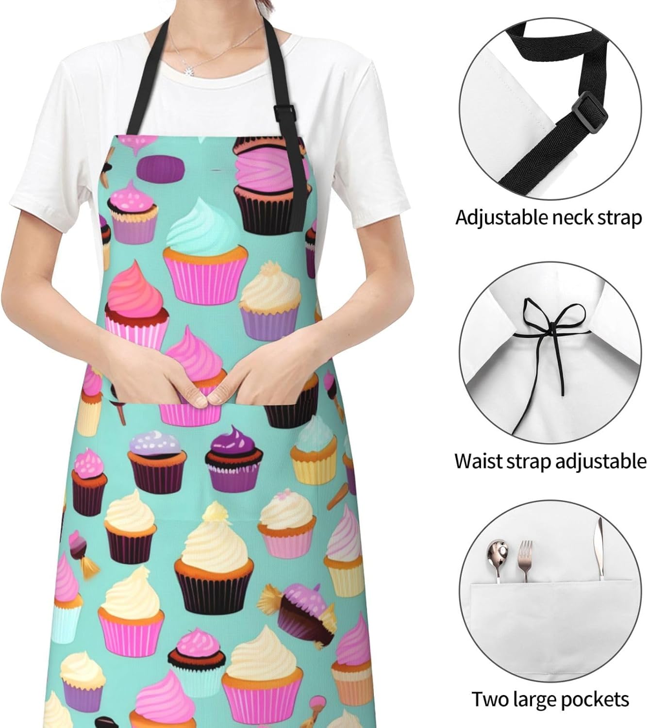 Cupcake Pattern Print Laundry apron 28x33 In Waterproof Kitchen Apron with Pockets for Cooking Baking