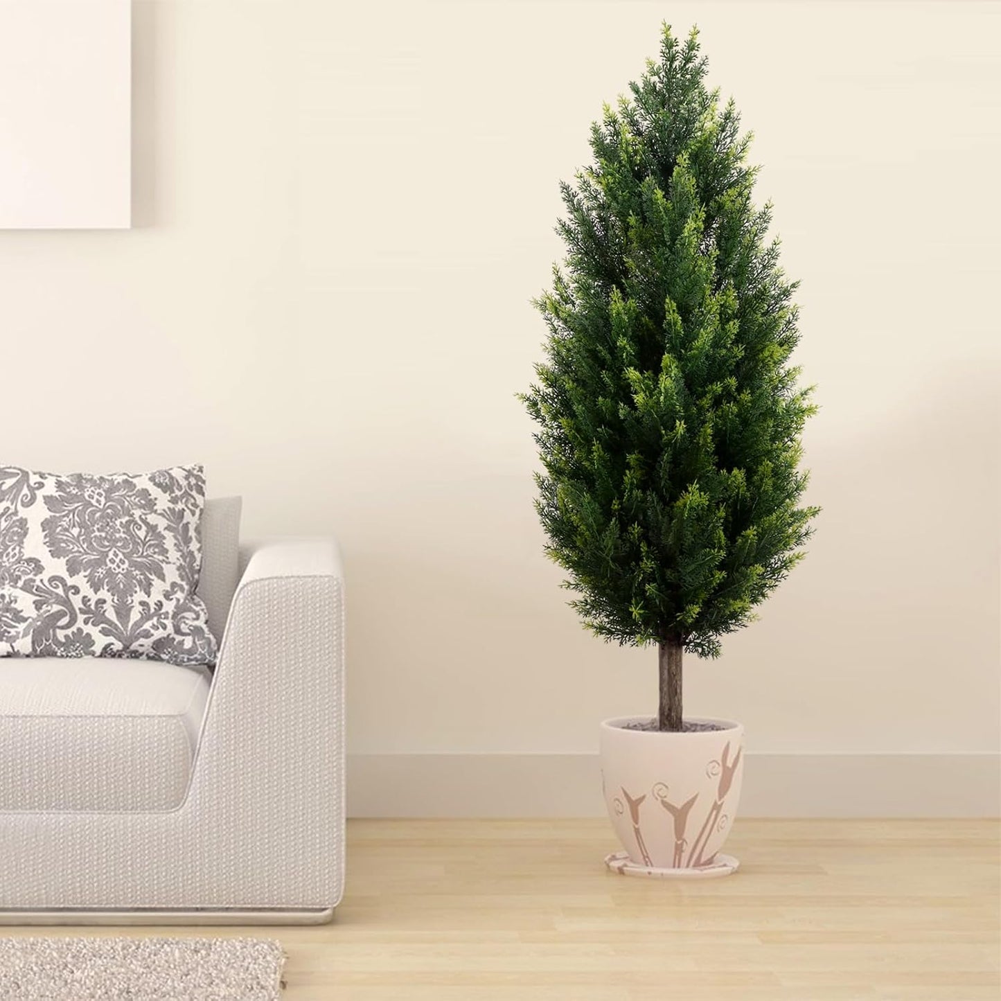 3ft Artificial Cedar Topiary Tree with Stakes - 39" High, 11" Diameter Set of 2 UV-Resistant & No Maintenance Faux Tree Shrubs for Outdoor Planters, Fake Plants That Look Real