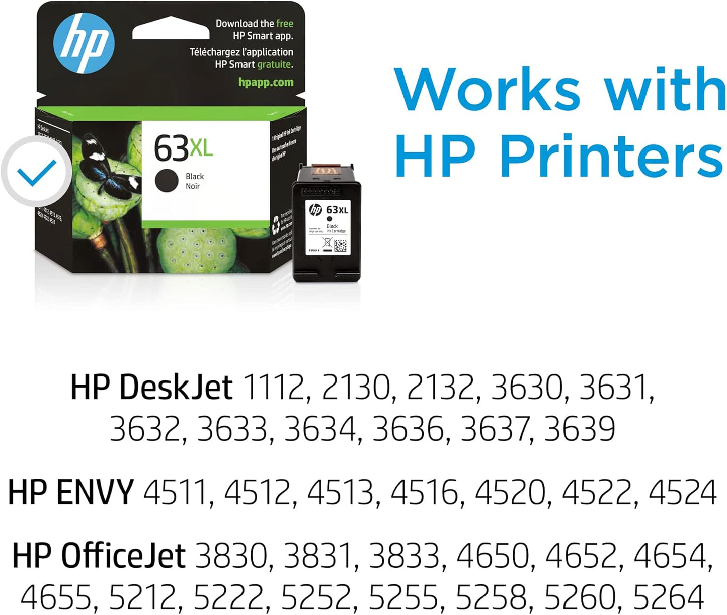 HP 63XL Black High-Yield Printer Ink Cartridge Printers | Works with DeskJet 1112, 2130, 3630;Envy 4510, 4520; OfficeJet 3830, 4650, 5200 | Eligible for Instant Ink | F6U64AN