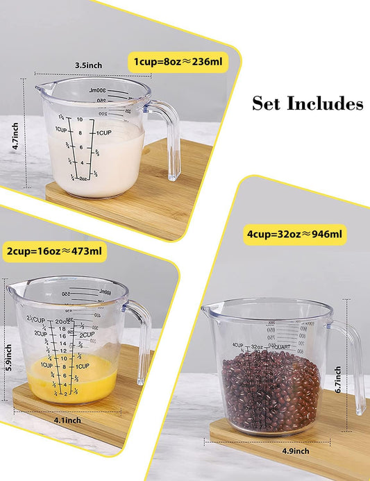 Measuring Cups Set, Liquid Measuring Cups For 3 For Kitchen - BPA Free Plastic Set with Spout Multiple Measurement Scales (Clear)