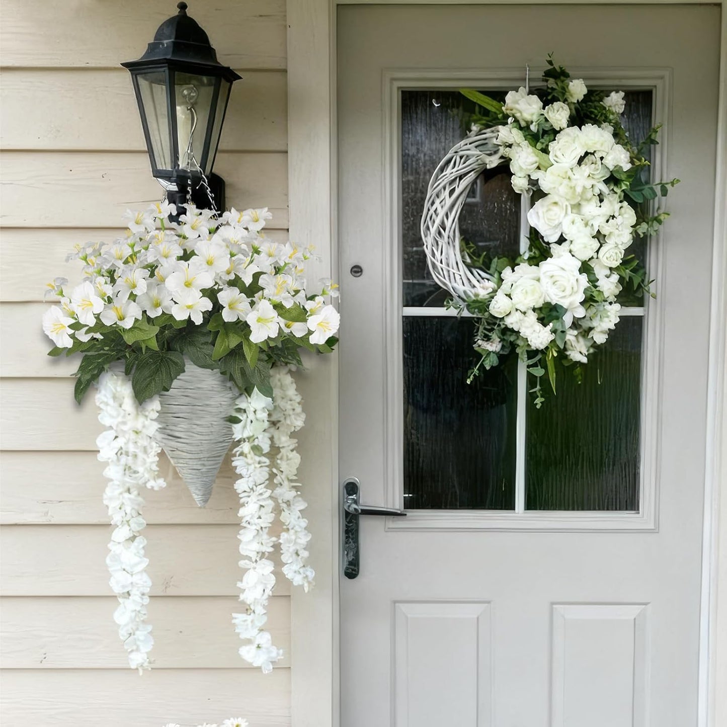 2 Pcs Artificial Flowers for Outdoors Fake Petunias Plants Outside Indoor White Silk Morning Glory UV Resistant Realistic Faux Tropical Flowers for Planter Porch Patio Yard Garden Window