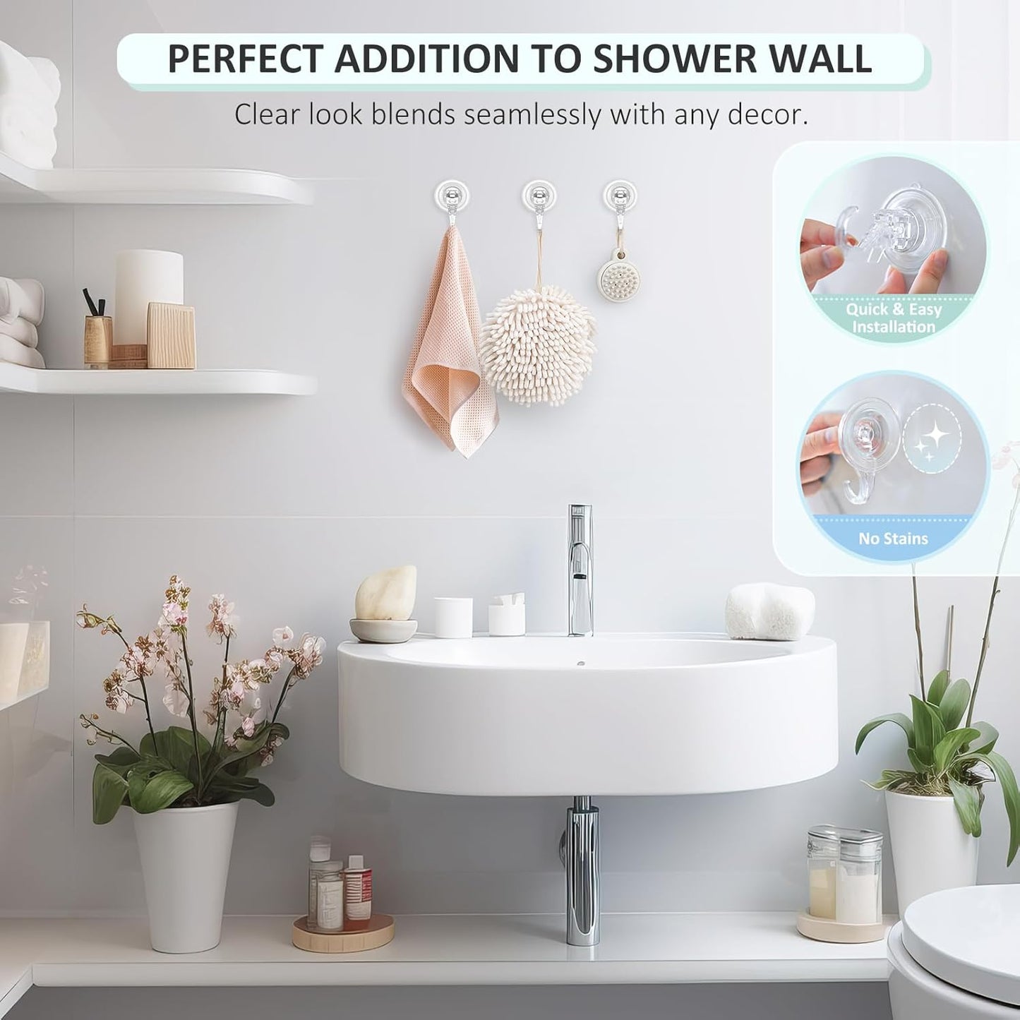 VIS'V Suction Cup Hooks, Small Shower Suction Hooks, Heavy Duty, Removable and Reusable, Clear, 2 Pcs