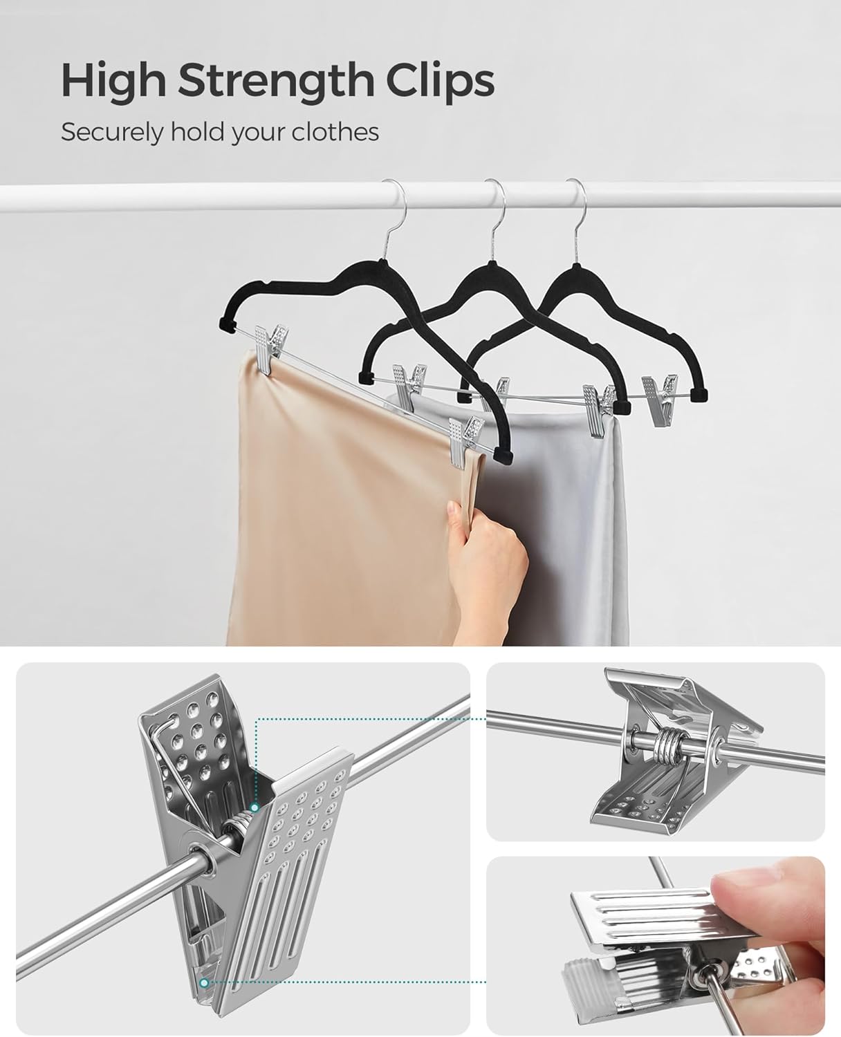 SONGMICS 30 Pack Pants Hangers, 16.7 Inches Long Velvet Trousers Hangers with Adjustable Clips, Heavy-Duty, Non-Slip, Space-Saving for Pants, Skirts, Coats, Dresses, Tank Tops, Black UCRF12B30