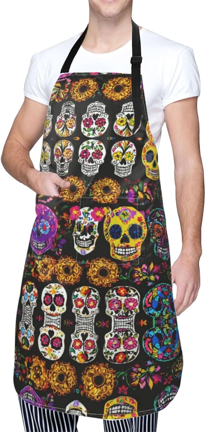 Rose Skull print Waterproof chef's apron with pocket apron for kitchen cooking baking barbecue and gardening