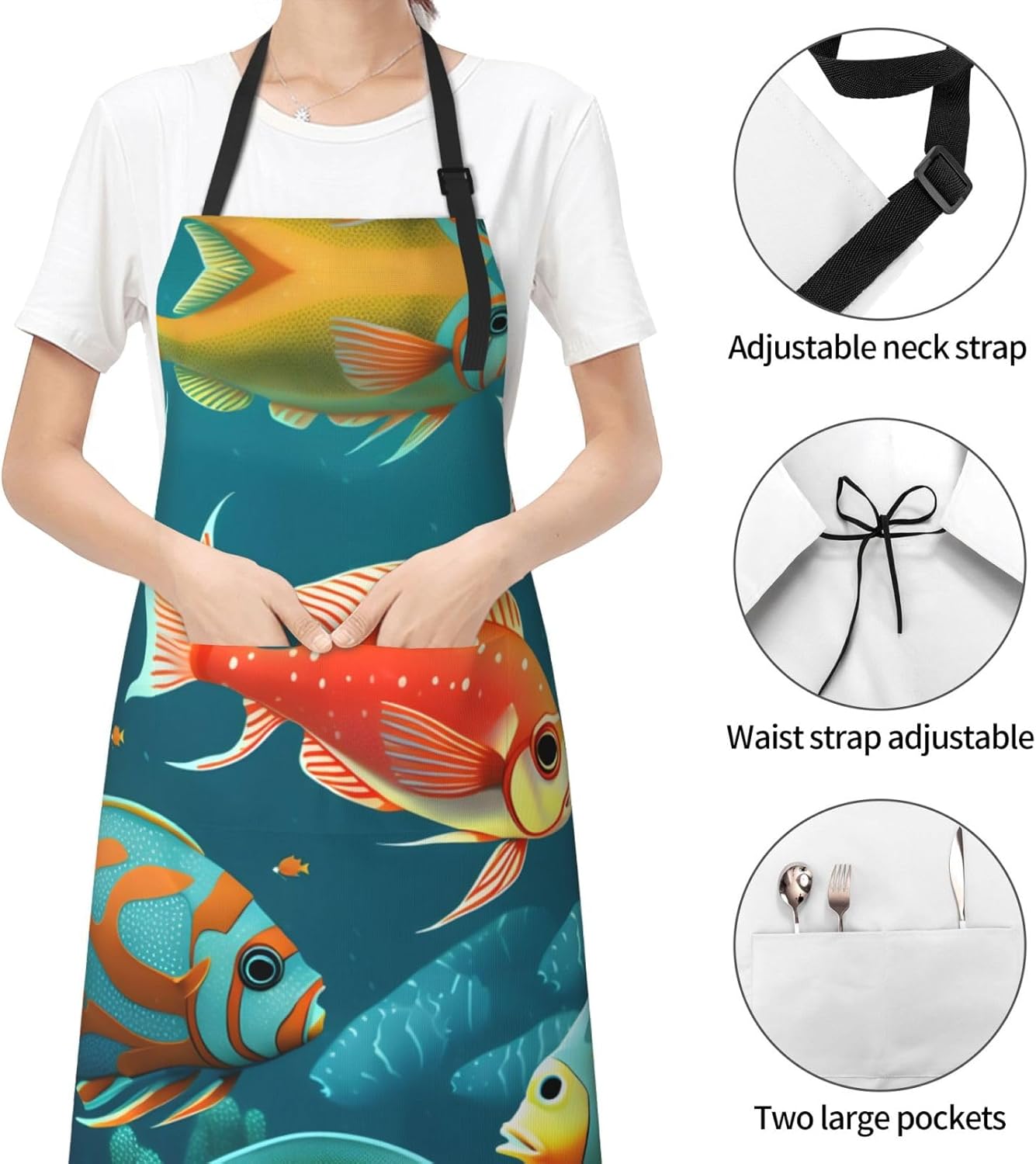 Ocean Underwater Fish Print Laundry apron 28x33 In Waterproof Kitchen Apron with Pockets for Cooking Baking