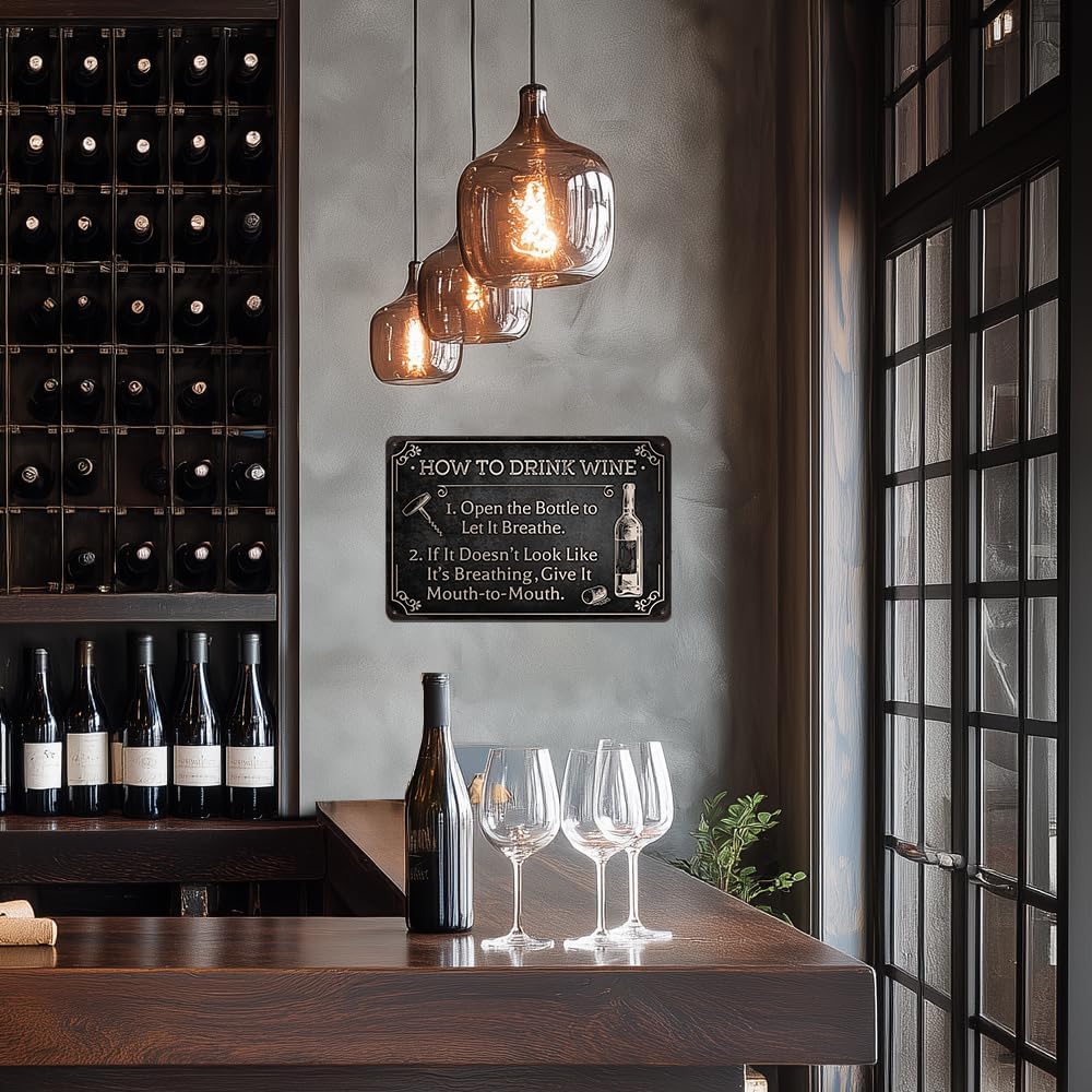 Heuhuww Funny Wine Bar Metal Sign-How To Drink Wine Wall Decor for Far