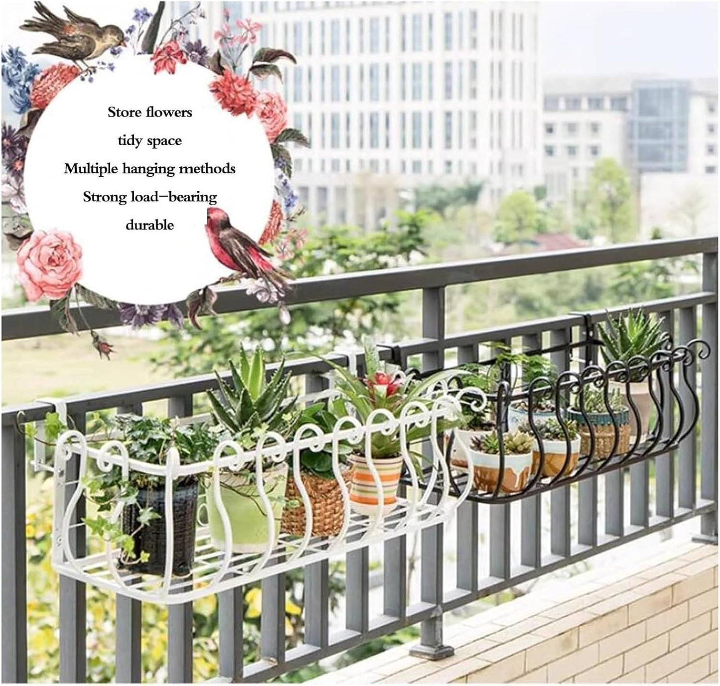 Hanging Railing Planter for Fence, Window Sill & Guardrail – Round/Square with Hook, Durable Potted Plant Stand (Black, 80x28x22cm) for Indoor/Outdoor Use