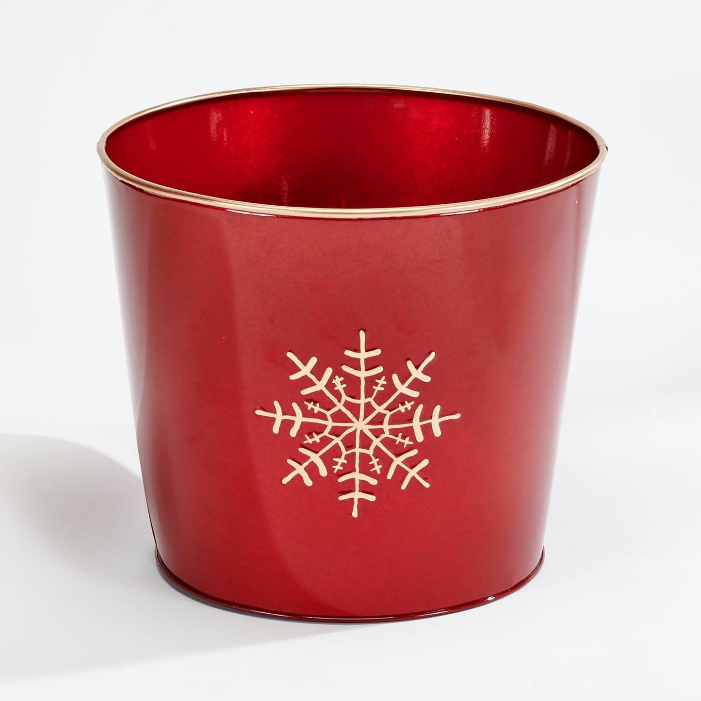 Red Galvanized Metal Christmas Planter Bucket with Snowflake Design, 10.5" Height, 12" Diameter, Set of 2