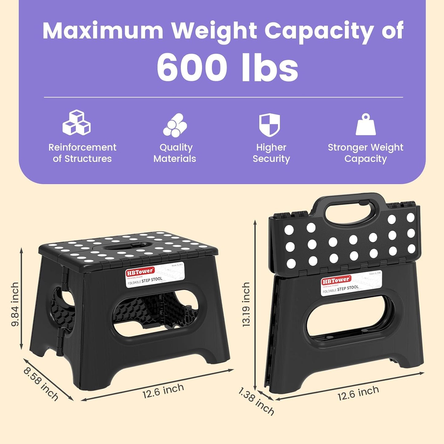 HBTower Folding Step Stool 9 Inch - Holds 600 lb, Non-Slip Surface & Carry Handle - Sturdy Step Stool for Kids, Toddlers & Adults - Compact Foldable Foot Stool for Kitchen, Bathroom, Bedroom, Outdoor