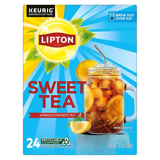 Lipton Southern Sweet Black Tea K-Cup Pods 24-Count Rainforest Alliance Certified Iced Tea for Keurig Coffee Makers with Real Tea Leaves and Natural Sweetness Brew Hot over Ice