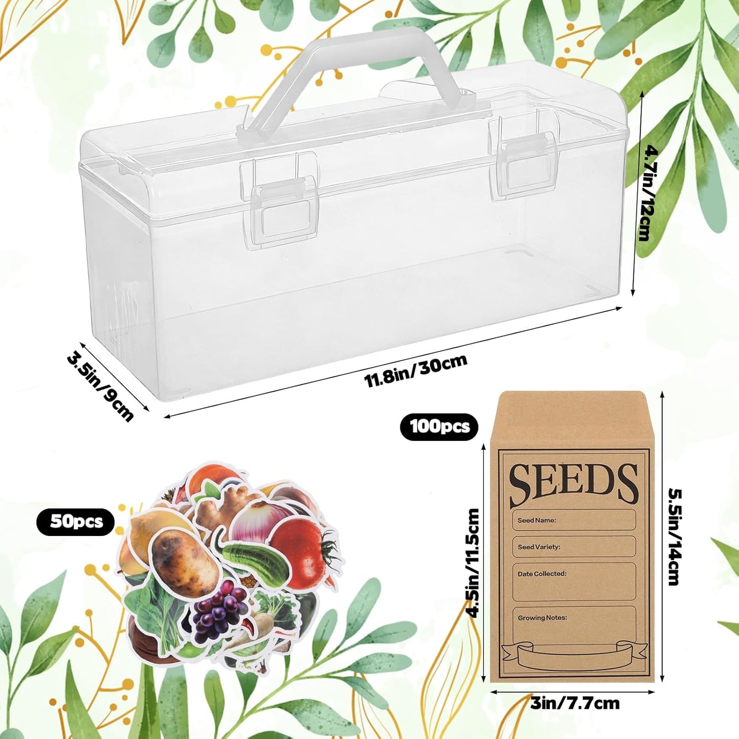 Plastic Clear Seed Storage Organizer Box with Handle, Garden Seed Organize Sealed Box 100 Envelopes and Stickers Saving Container Keeper Set for Garden Vegetable Flower Plants