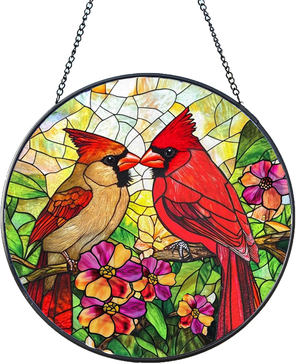 Cardinal Stained Glass Window Hanging, 7.87 Inch Sun Catcher for Indoor Outdoor, Hand Painted Stained Glass Gift for Women Bird Lovers Mother's Day Christmas