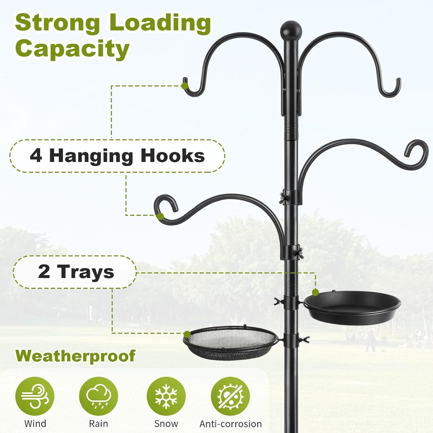Bird Feeder Pole, Bird Feeding Station 88 Inch Shepherds Hooks for Outdoor Heavy Duty 1 Inch Dia Humming Birds Feeder Stand Hanger Post with 4 Hooks, Water Bowl and Birds Seed Tray