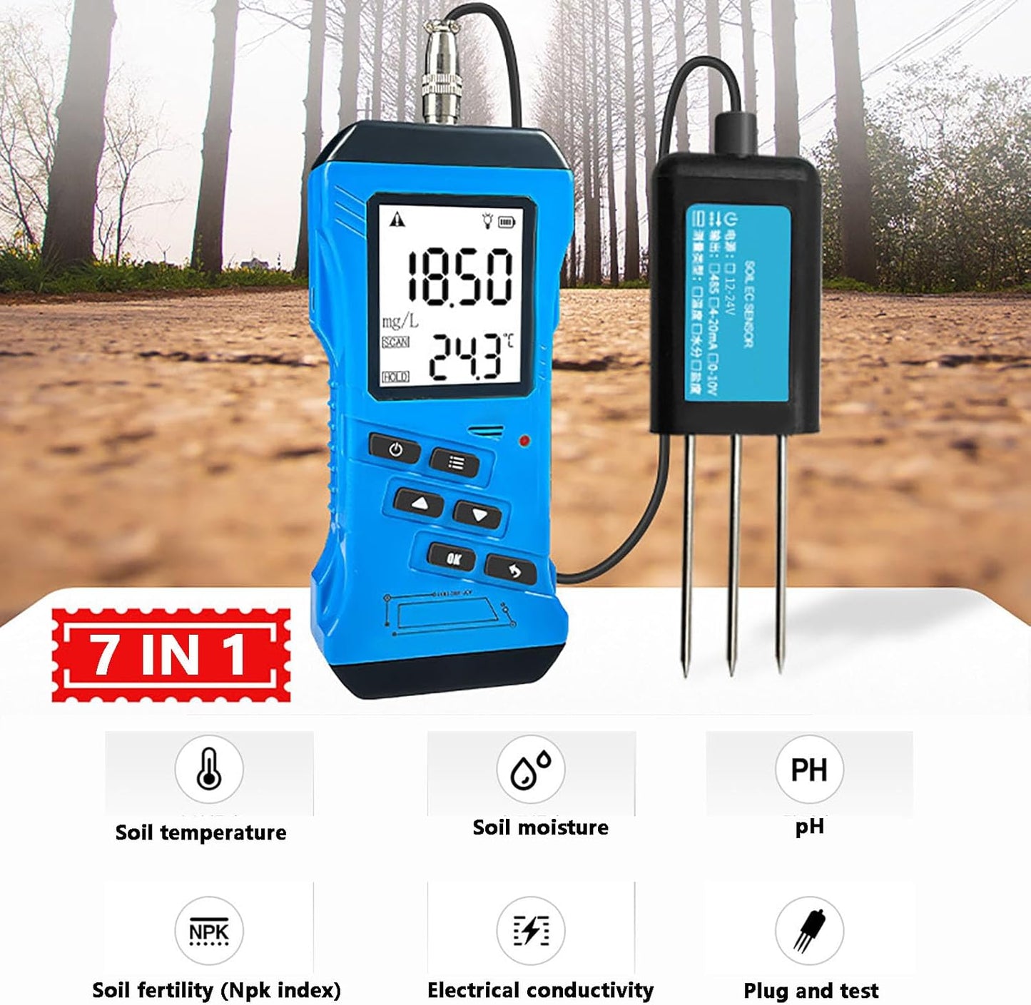 7-in-1 Soil Soil Test Meter,Temperature/Soil Moisture/PH Meter/Conductivity/NPK Tester,for Garden, Lawn, Plant Care, Farm and Indoor Outdoor Plants