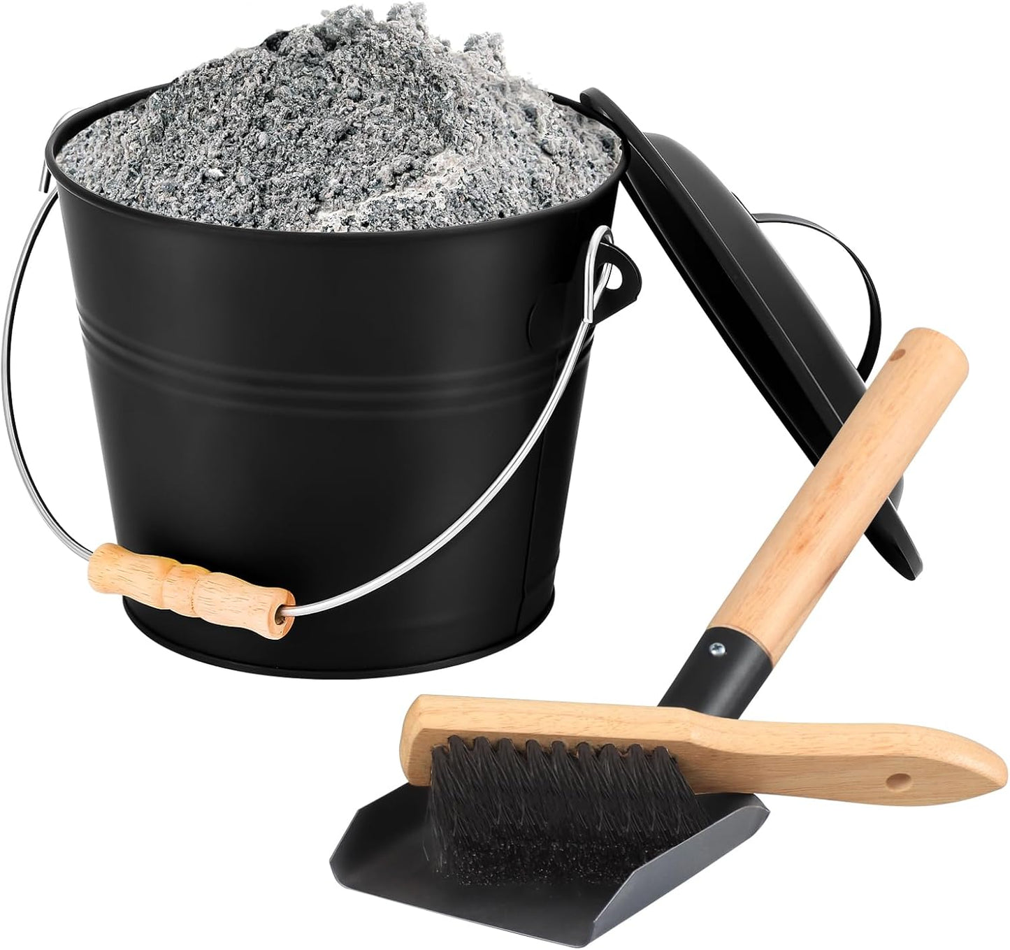 FEED GARDEN Fireplace Tools Set, 1.5 Gallon Mini Ash Bucket with Lid, Shovel, Heat-Resistant Brush & Screwdriver, Heavy Duty Galvanized Iron Ash Cleaning Tool Set, Compact 7.5" x 8.8" x 6.4”, Black