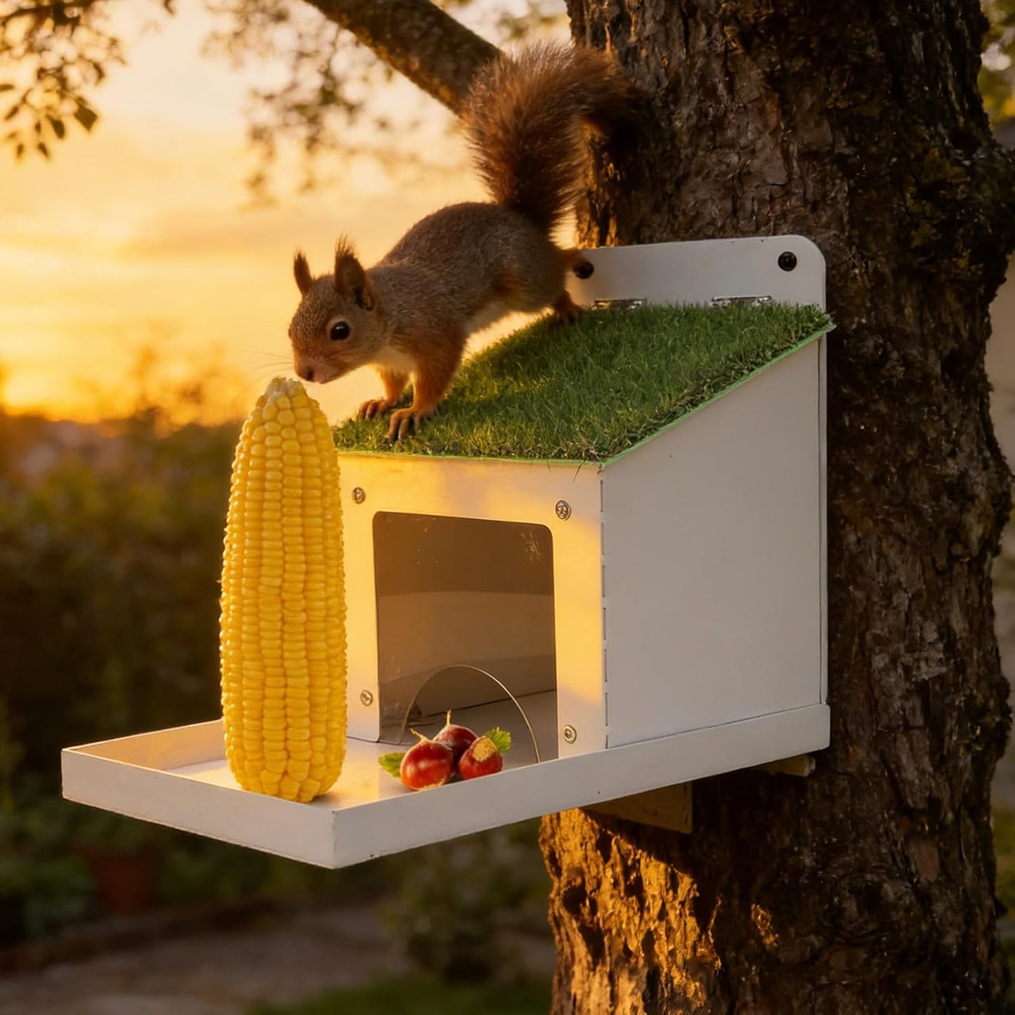 Squirrel Feeder - Outdoor Garden Decor Wildlife Attraction | Rustproof Iron Metal Construction with Waterproof Lid for Yard Lawn Porch Farm Pathway Use 23cm Size