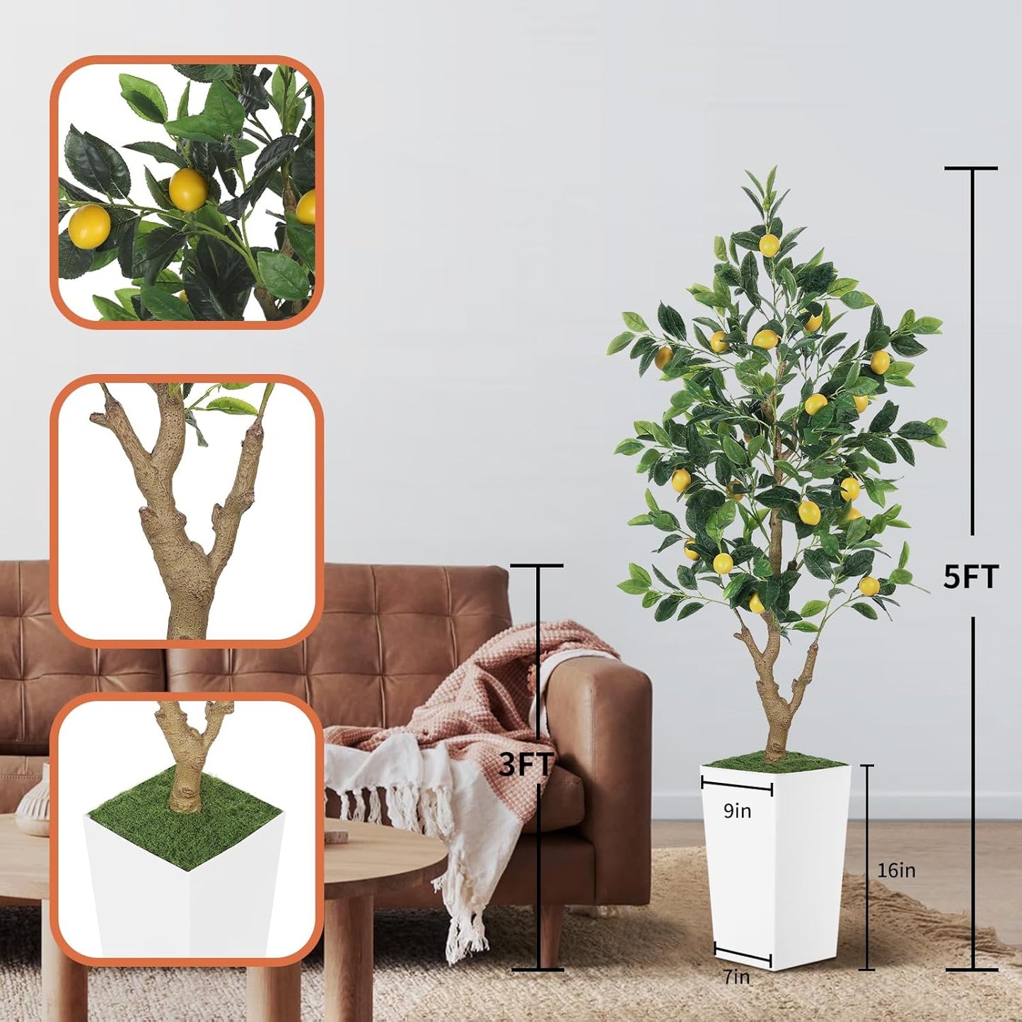 5FT Artificial Lemon Tree with Pot - 60" Fake Lemon Tree with White Tall Planter, Faux Lemon Plant with Realistic Fruits and Silk Leaves, Artificial Plants Indoor for Home Office Kitchen Decor