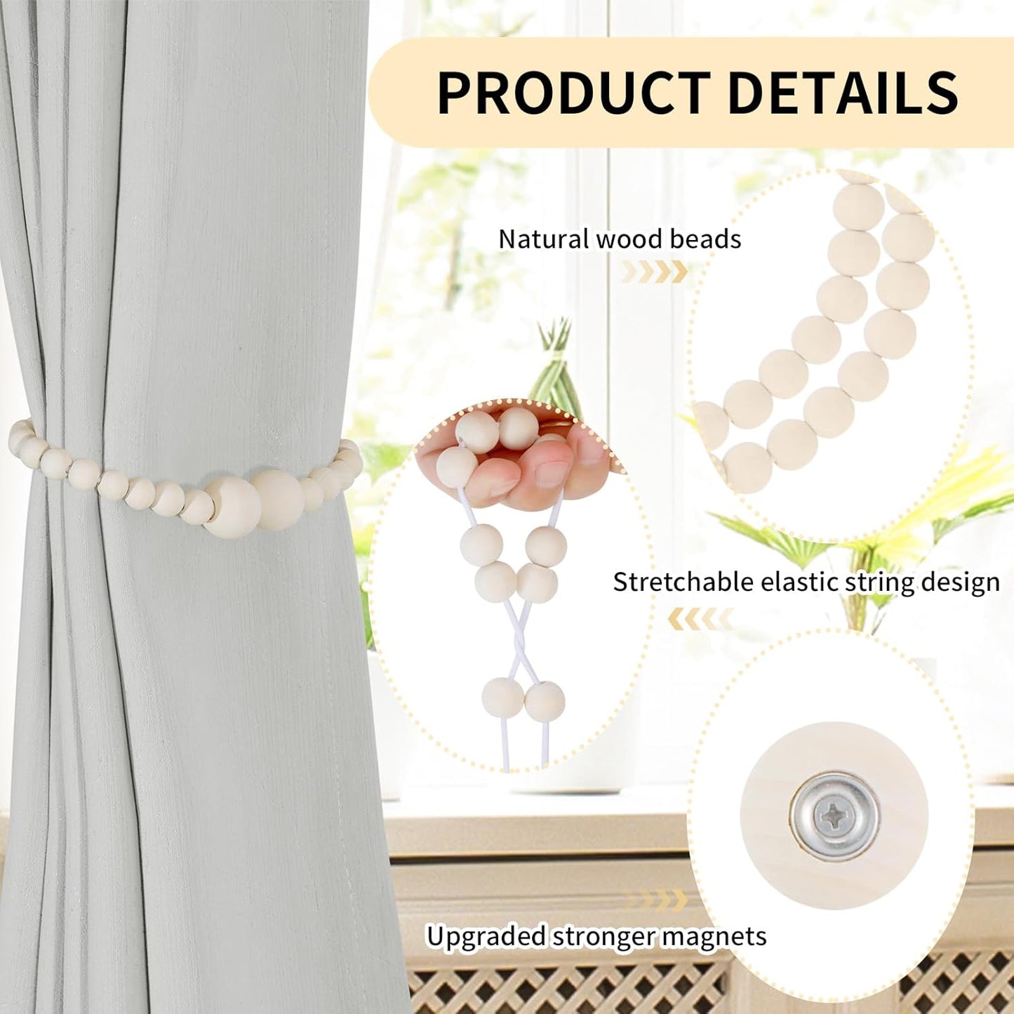 Magnetic Curtain Tiebacks, 2 Pack Curtain Holdbacks for Draperies, Woo
