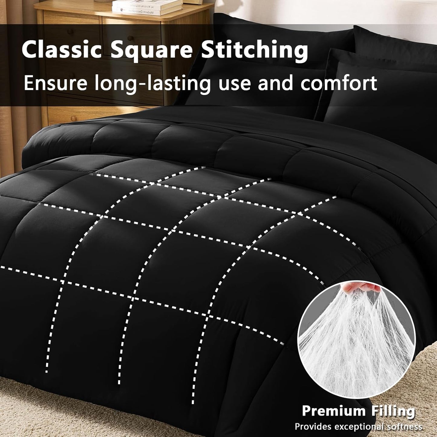 CozyLux Queen Comforter Set Black - 7 Pieces Bed in a Bag Queen, All Season Soft Bedding Set, Oeko-Tex Certified Bed Set with Down Alternative Comforter, Sheets, Pillowcases & Pillow Shams