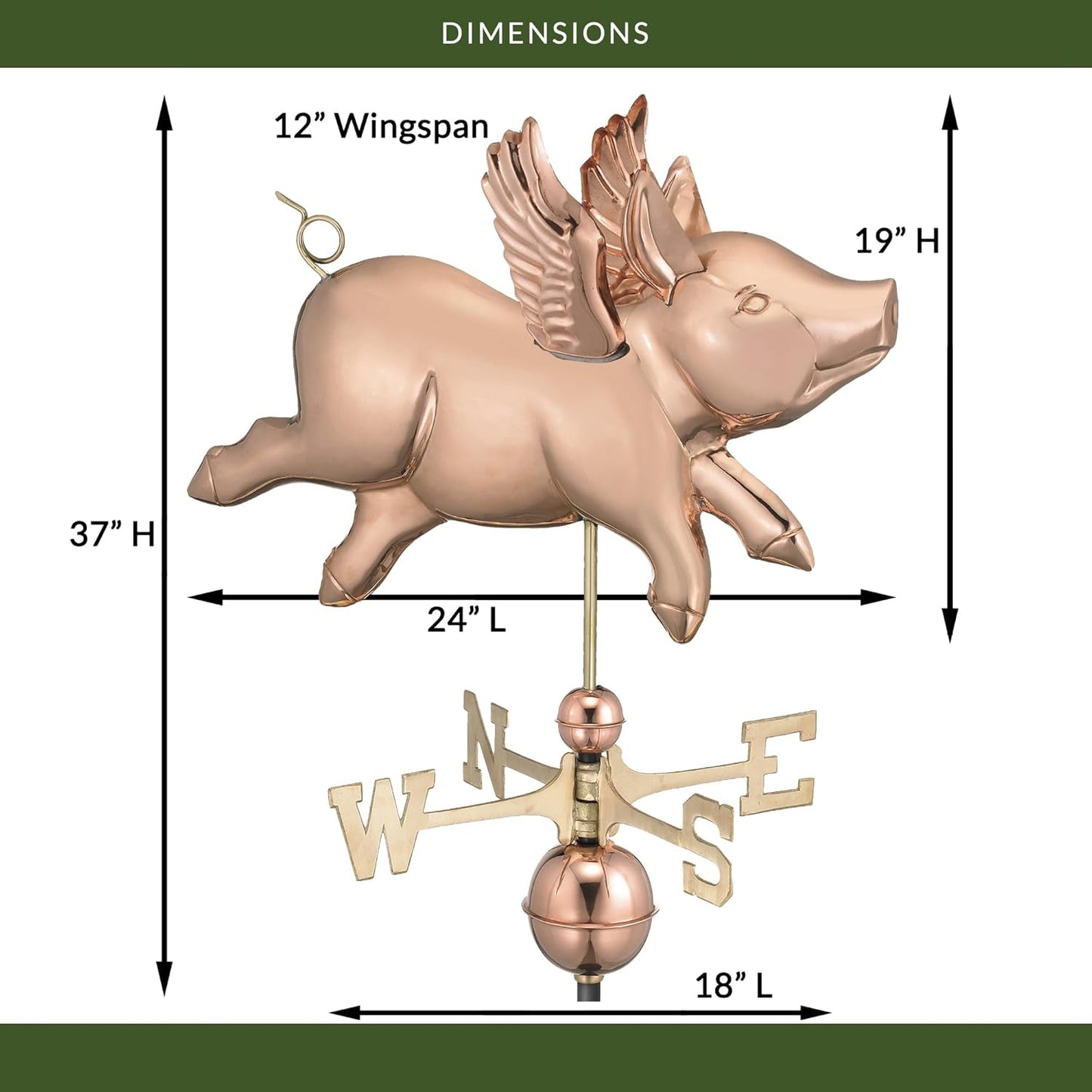Good Directions Polished Copper Flying Pig Weathervane – Decorative Rooftop Accent for Barns, Homes, Sheds, and Cupolas – Durable & Handcrafted