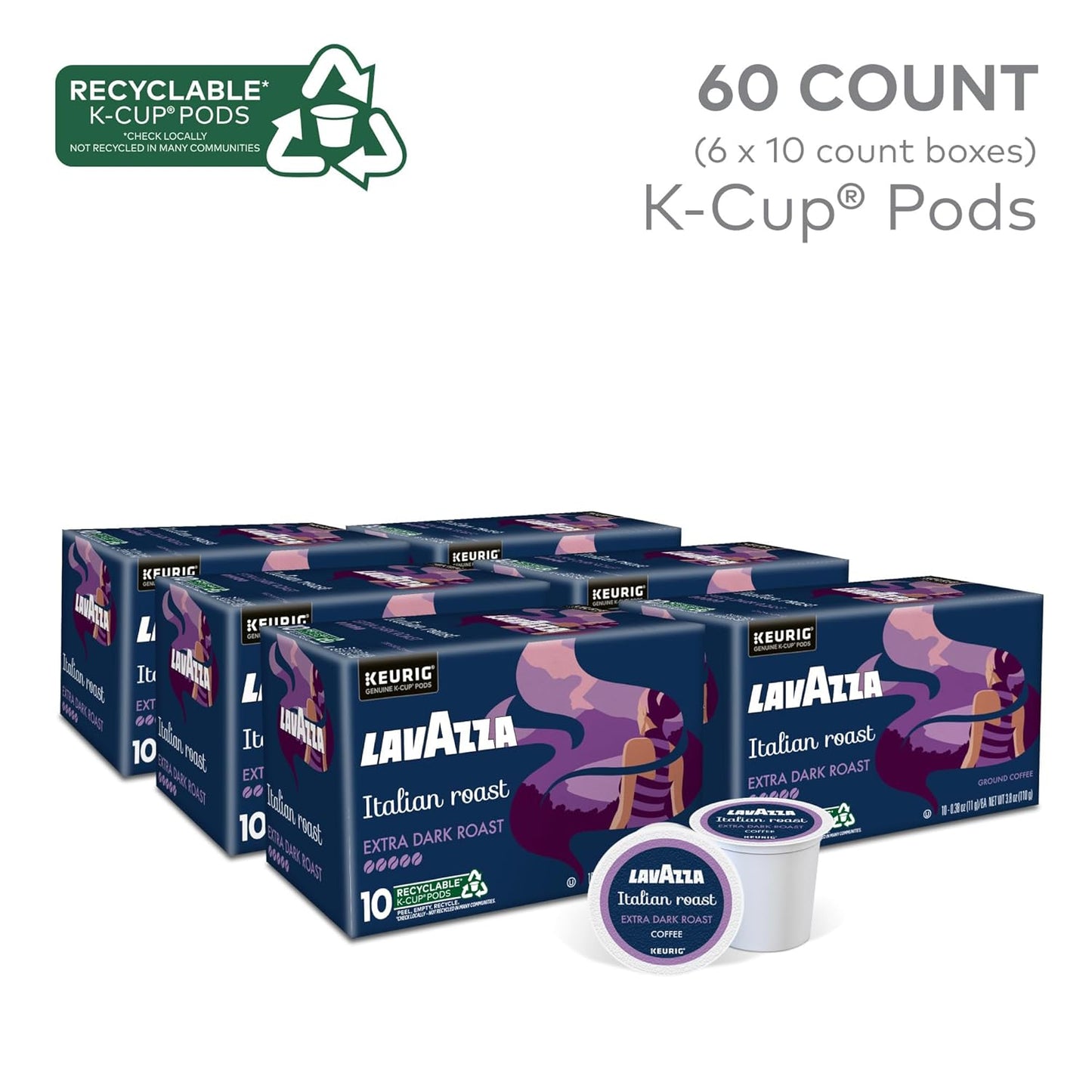 Lavazza Italian Roast, Keurig Single Serve K-Cup Pods, 60ct (6 Packs of 10)
