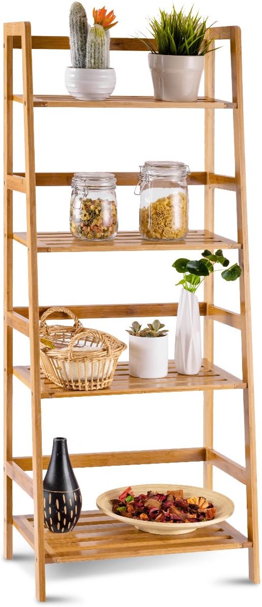 COSTWAY 47.5'' Bamboo Ladder Shelf, Multifunctional Plant Flower Display Stand, Storage Rack, Bookcase Bookshelf Natural (4 Tier)