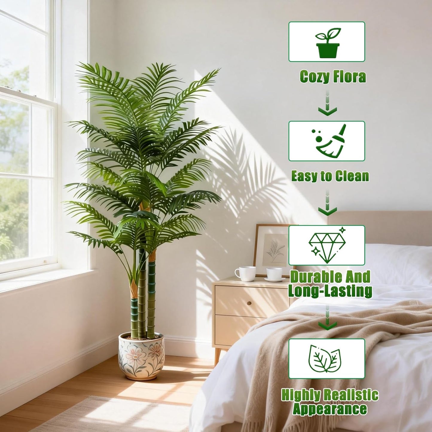5FT Tall Golden Cane Artificial Palm Tree, Large Faux Palm Tree with 3 Textured Trunks, Outdoor Artificial Plants, Fake Tree for Indoor Office Living Room Outside Patio.