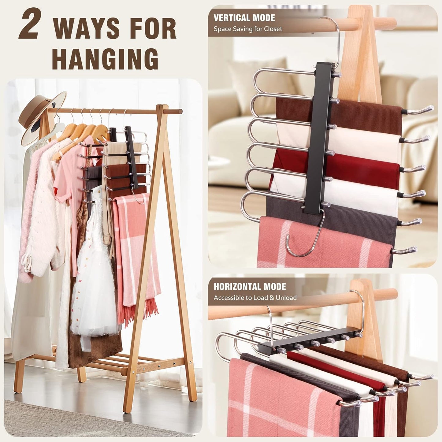 Space Saving 6 Tier Pant Hangers, Anti-Slip, Stainless Steel, 2 Pack, 