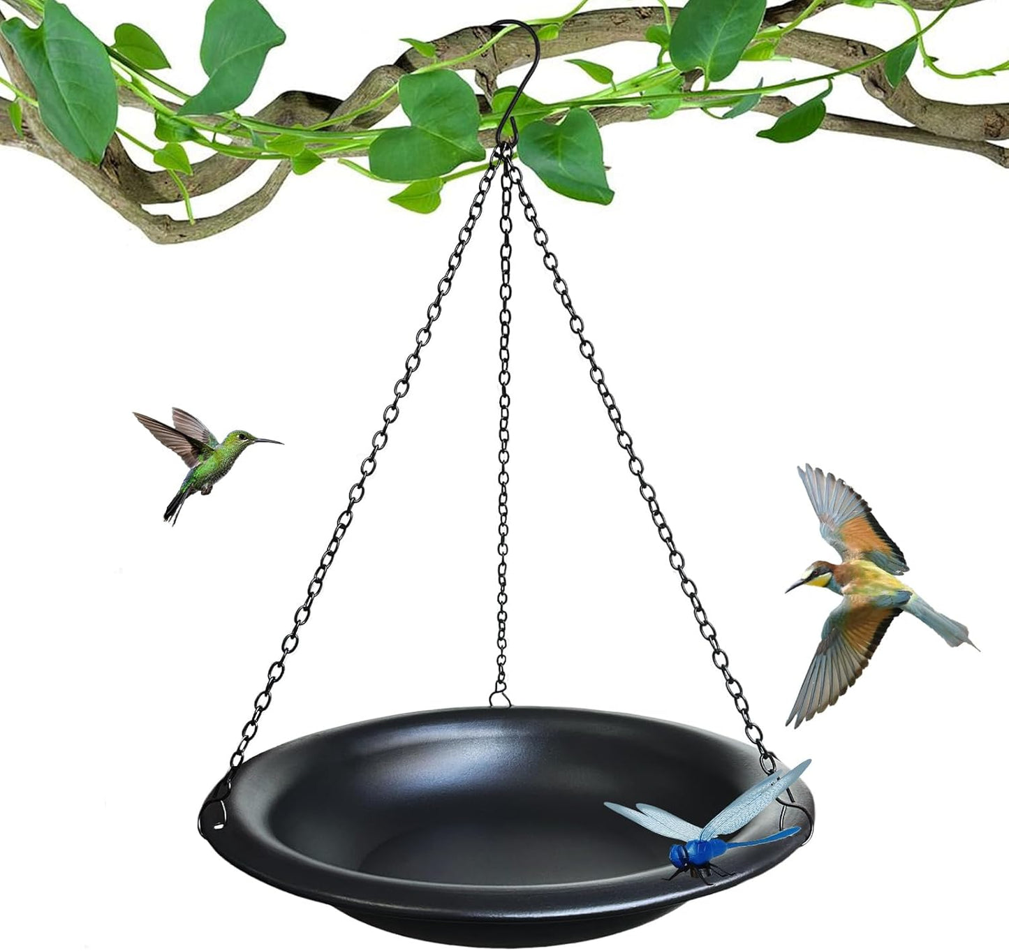Hanging Bird Bath Outdoor 11.5" Metal Bowl with 15.5 in Rust-Proof Chains,Weather-Resistant Garden Birdbath with Magnetic Dragonfly for Backyard Decor,Matte Black