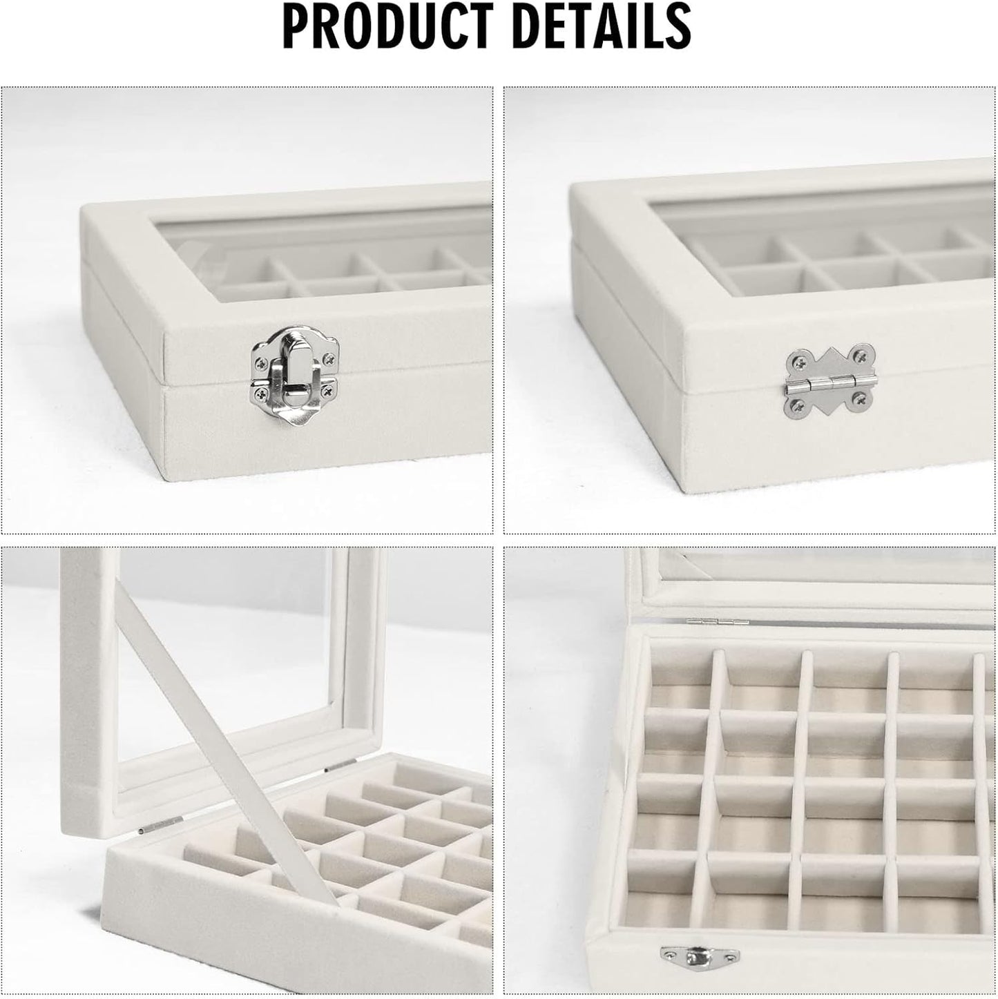 Velvet Jewelry Box 24 Grid Jewelry Ring Display Organiser Box Tray Holder Earrings Storage Case for Girls Wife Mom Women (Beige)