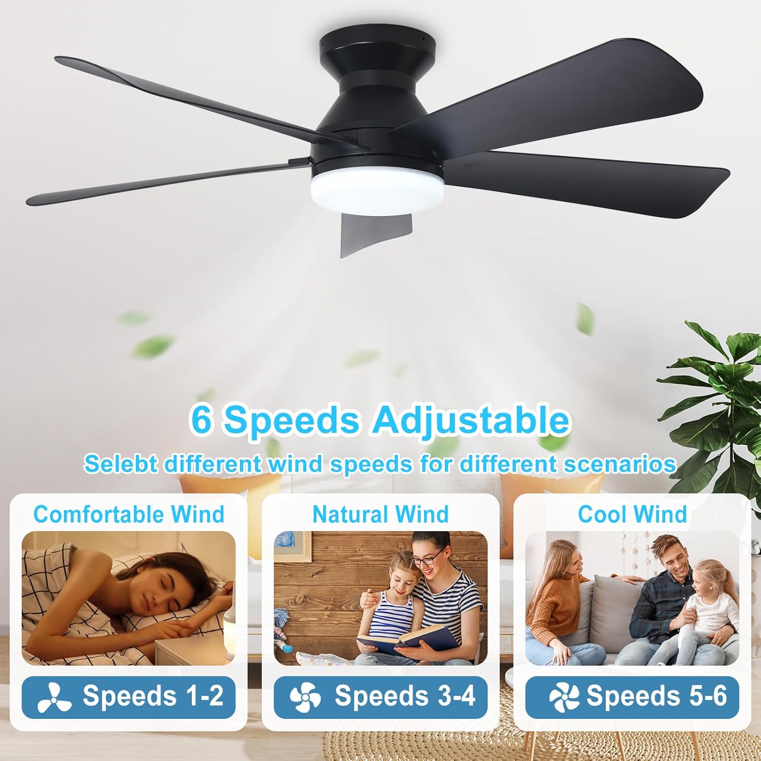 Depuley Modern Ceiling Fan with Light: 42-Inch Black Small Fans for Be