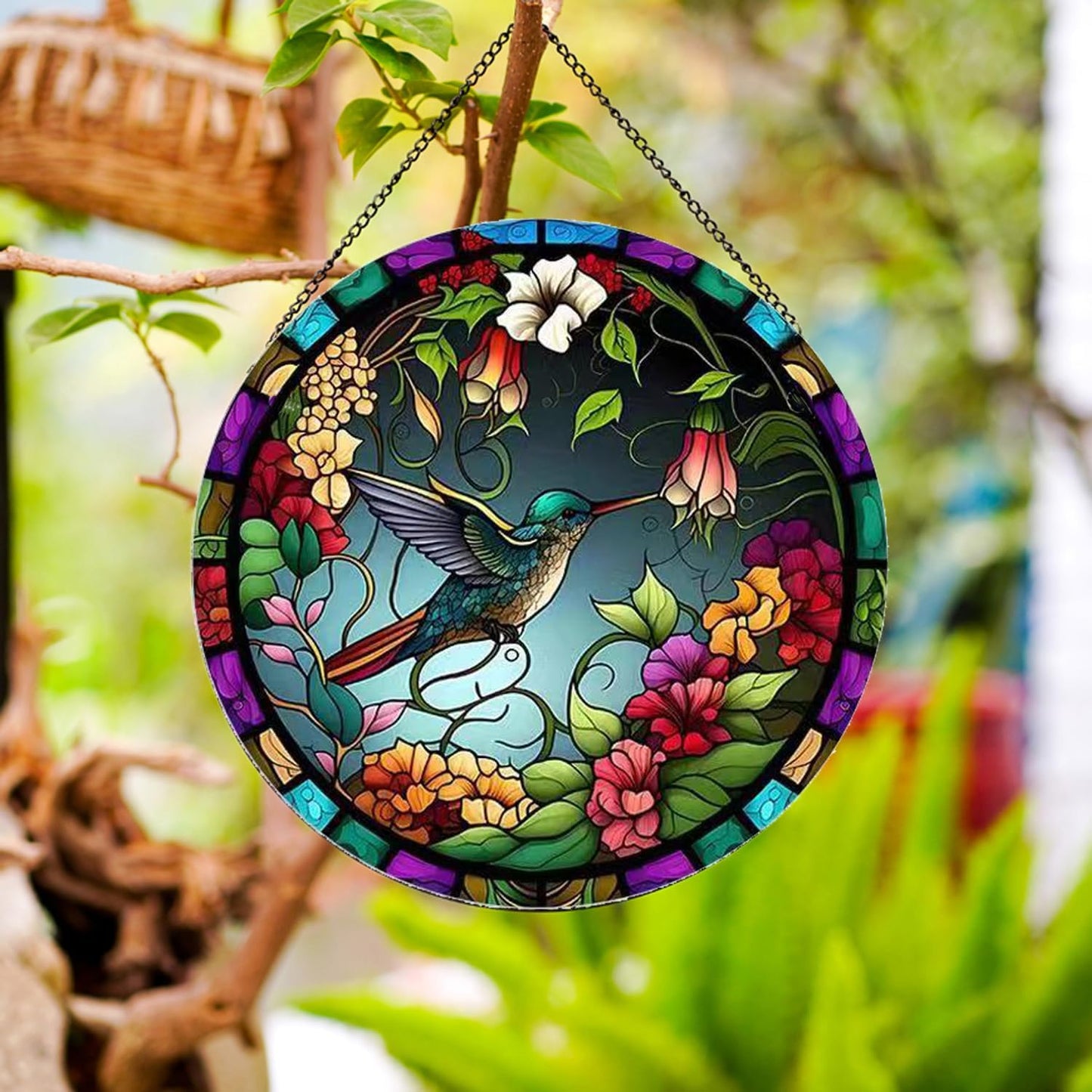 Hummingbirds and Flowers Pattern Suncatcher Stained Glass,Hanging Stained Glass for Windows,20cm/7.87inch Hand-Painted Sun Catcher Garden Hangings Painted Glass Panel Decor Themed Gift