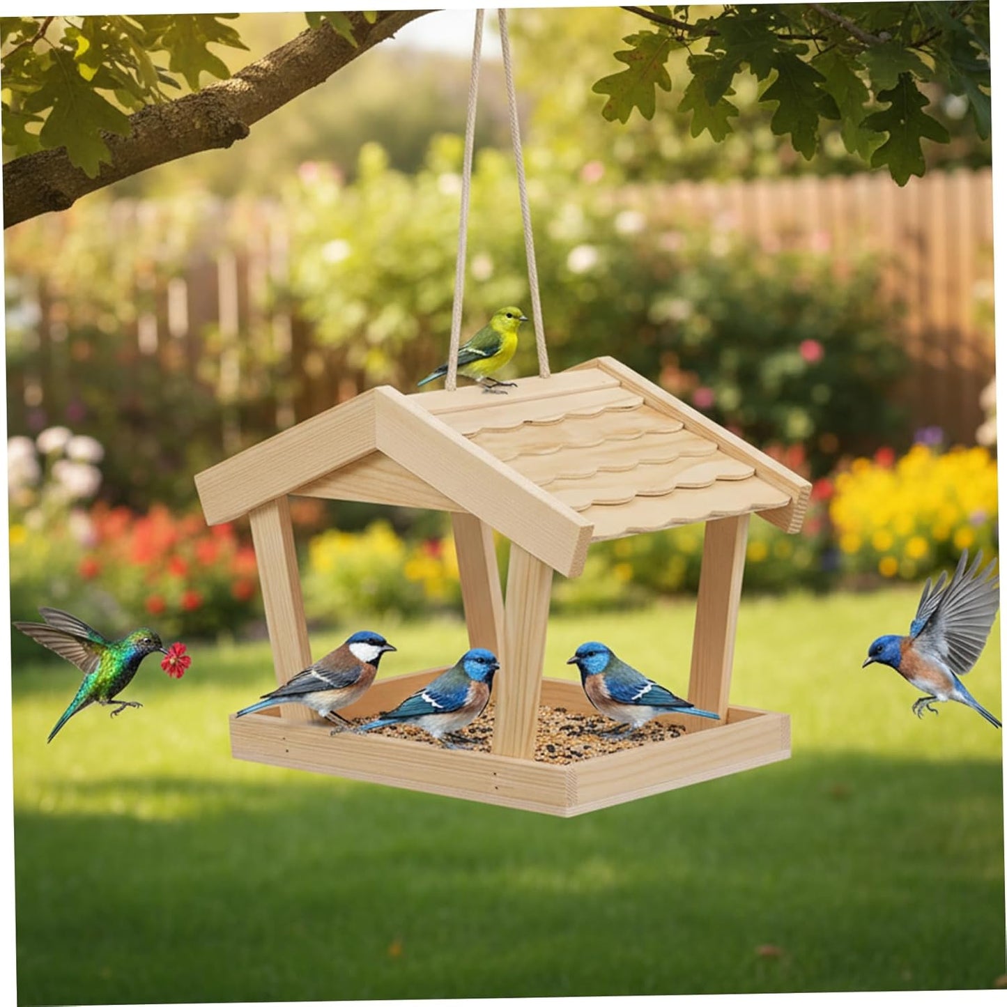 Hanging Bird Feeder, Natural Pine Wood Outdoor Bird House with Creative Roof, Seed Catcher for Wild Birds, 11.4x6.3x7.5 Inch.