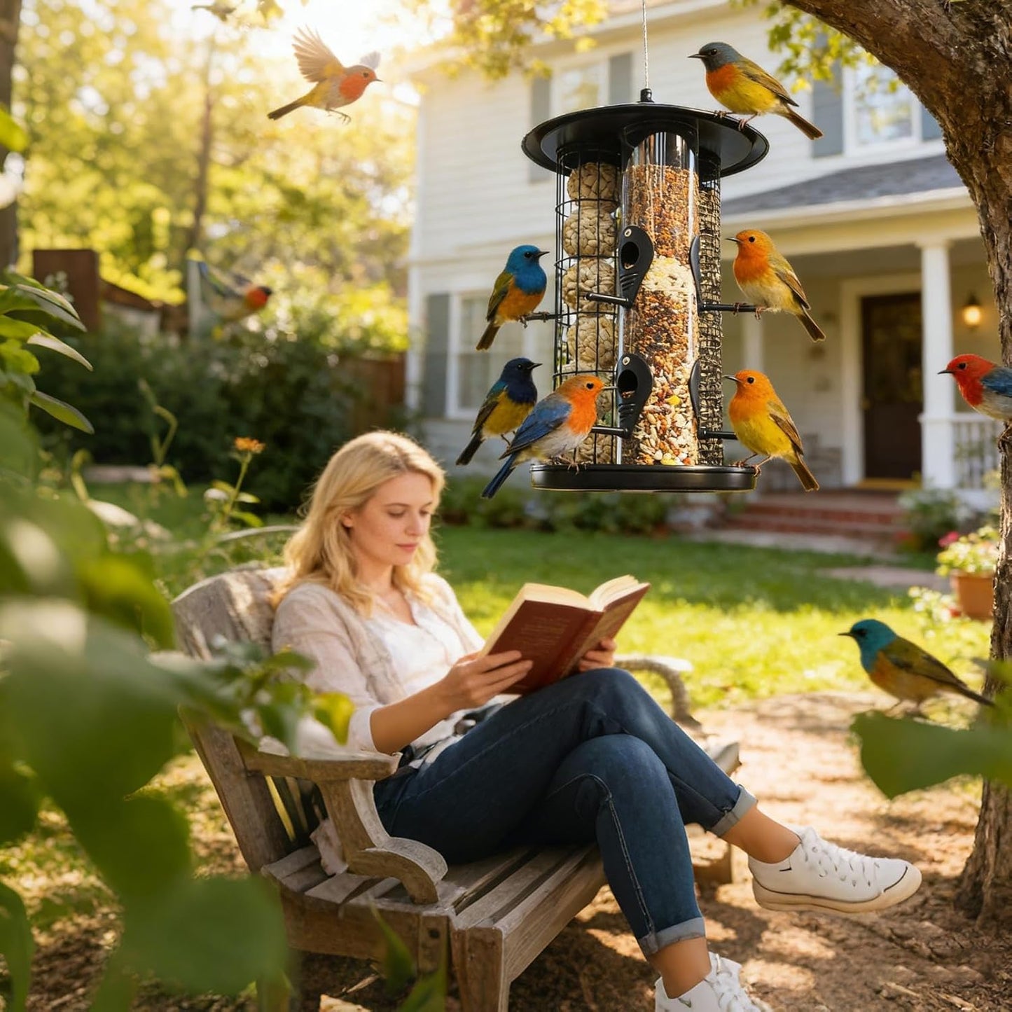 Squirrel Proof Bird Feeder, Triple Tube Outdoor Feeder, Weather-Resistant Feeding Station with Trays, Garden Wild Bird Container, Tube Container with Sturdy Design, Backyard Feeding for Finch