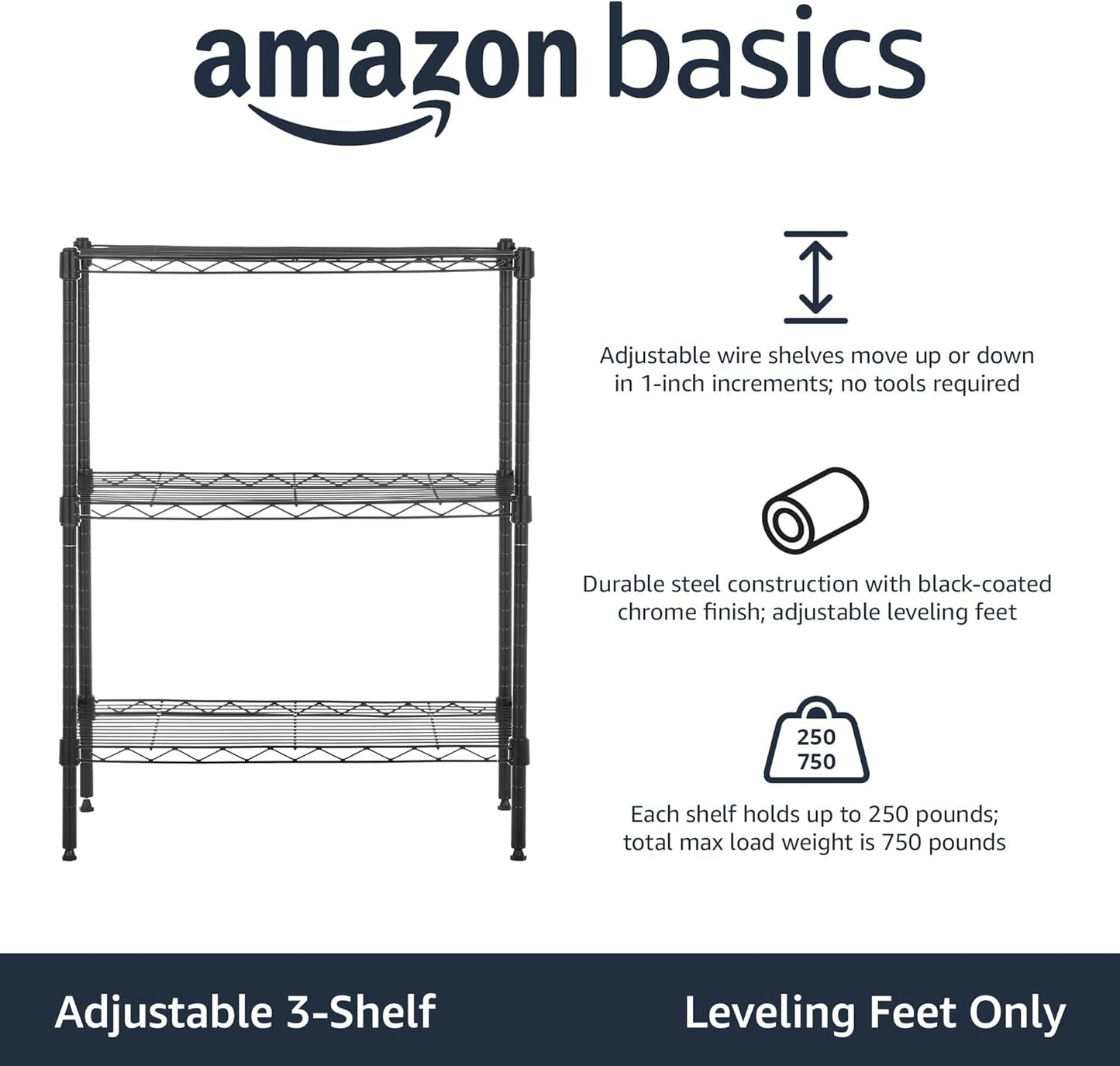 Amazon Basics 3-Shelf Adjustable Heavy Duty Steel Wire Rack Storage Sh