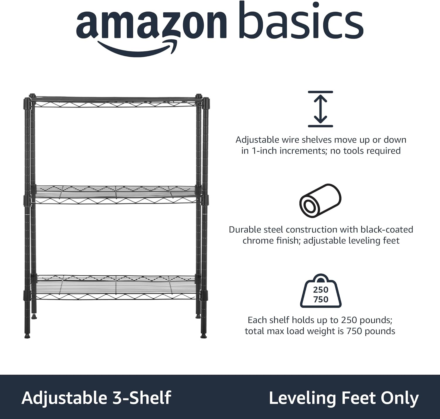 Amazon Basics 3-Shelf Adjustable Heavy Duty Steel Wire Rack Storage Sh