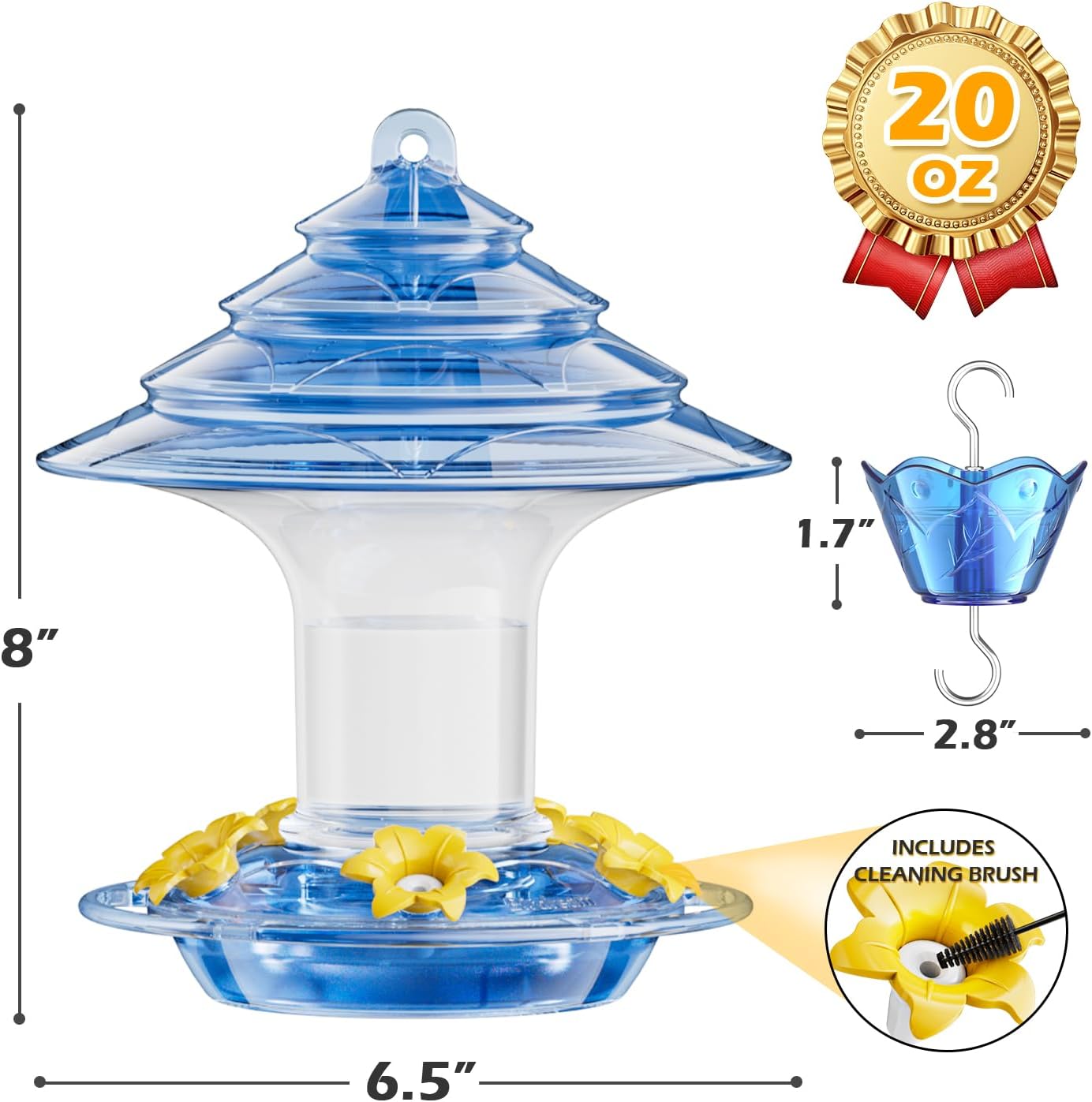 Birdream Hummingbird Feeder for Outdoors Hanging, 20 OZ Humming Birds Feeders with 5 Bee Guard Feeding Ports & Built-in Ant Moat and Brush, Bird Feeder for Outside, Gifts for Women - Blue